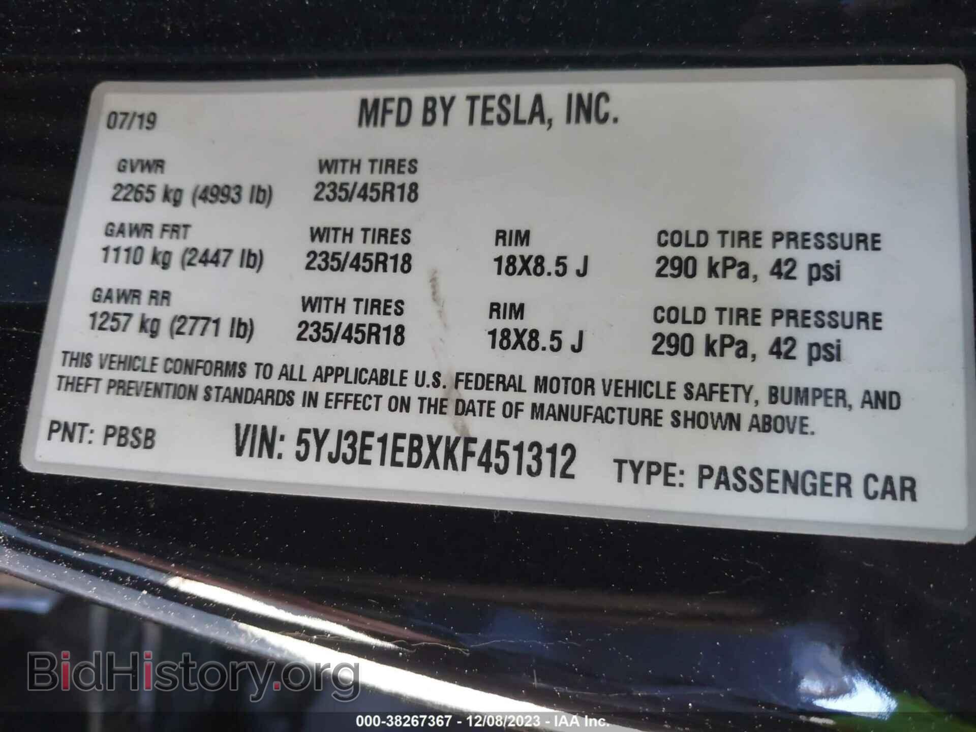 2019 TESLA MODEL 3 - VIN: 5YJ3E1EBXKF451312 - Фото 9