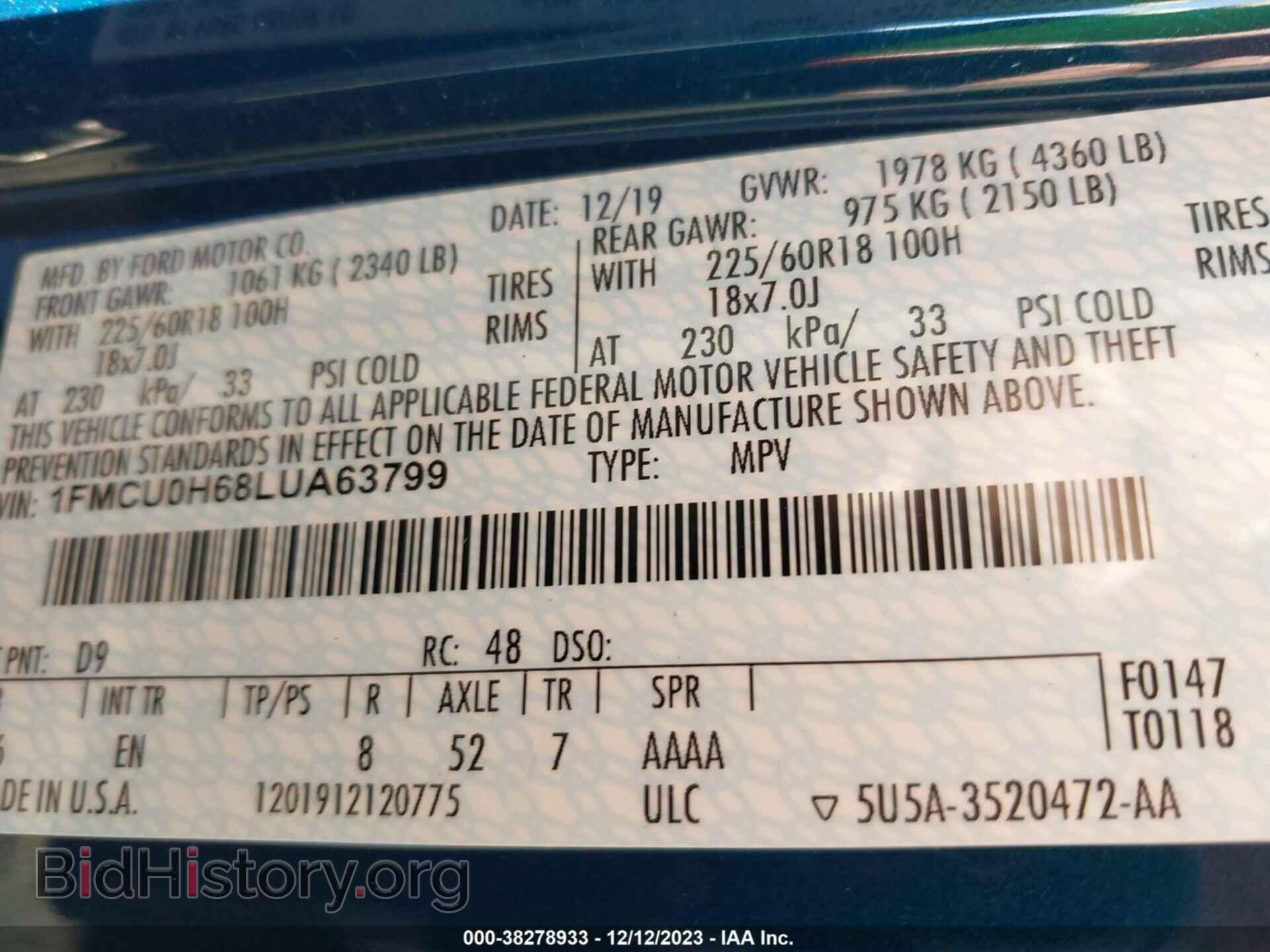 2020 FORD ESCAPE - VIN: 1FMCU0H68LUA63799 - Photo 9