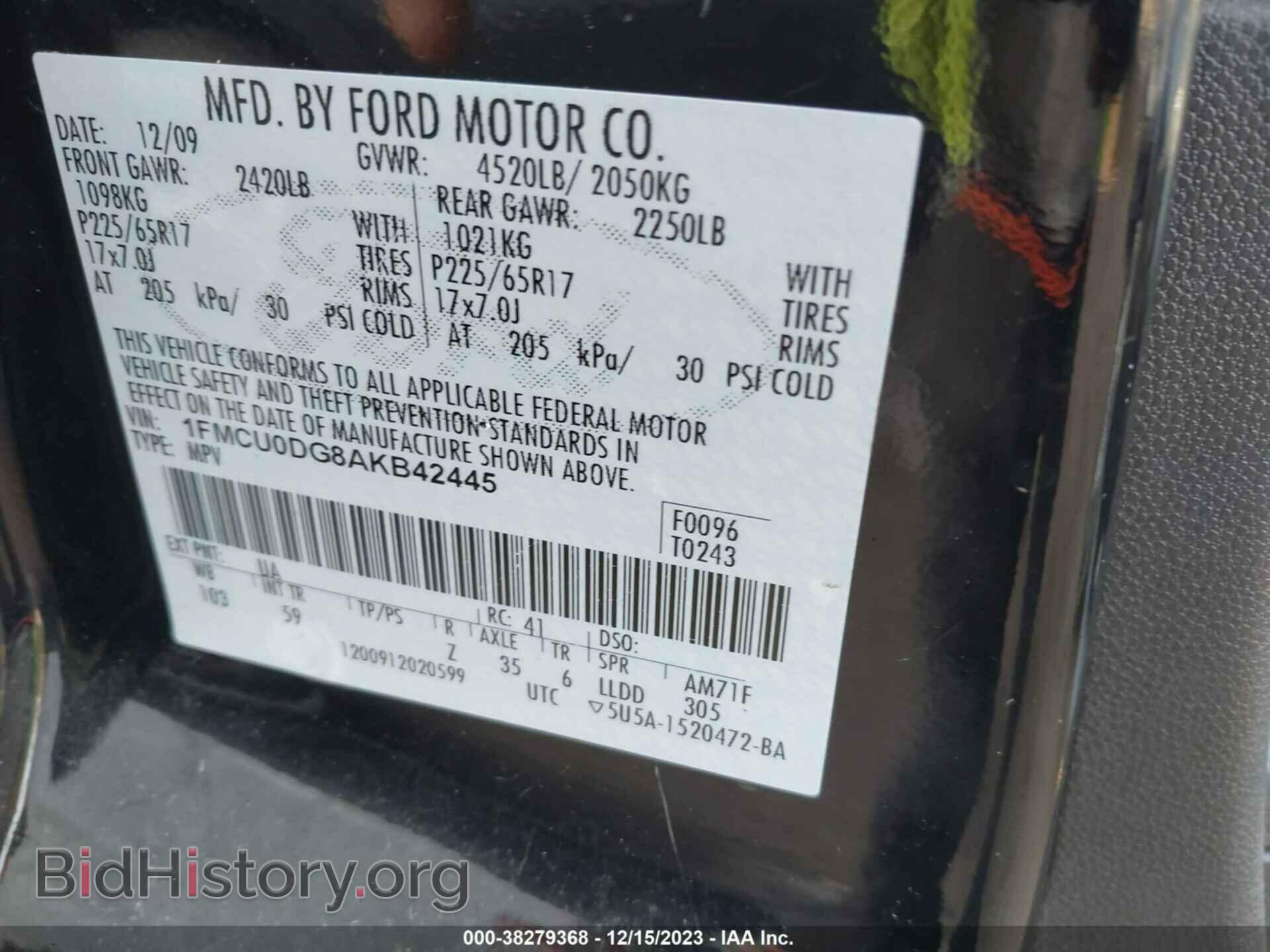 2010 FORD ESCAPE - VIN: 1FMCU0DG8AKB42445 - Фото 9