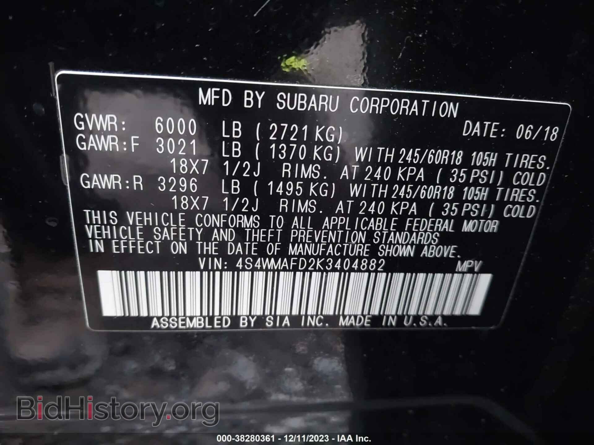 2019 SUBARU ASCENT - VIN: 4S4WMAFD2K3404882 - Фото 9