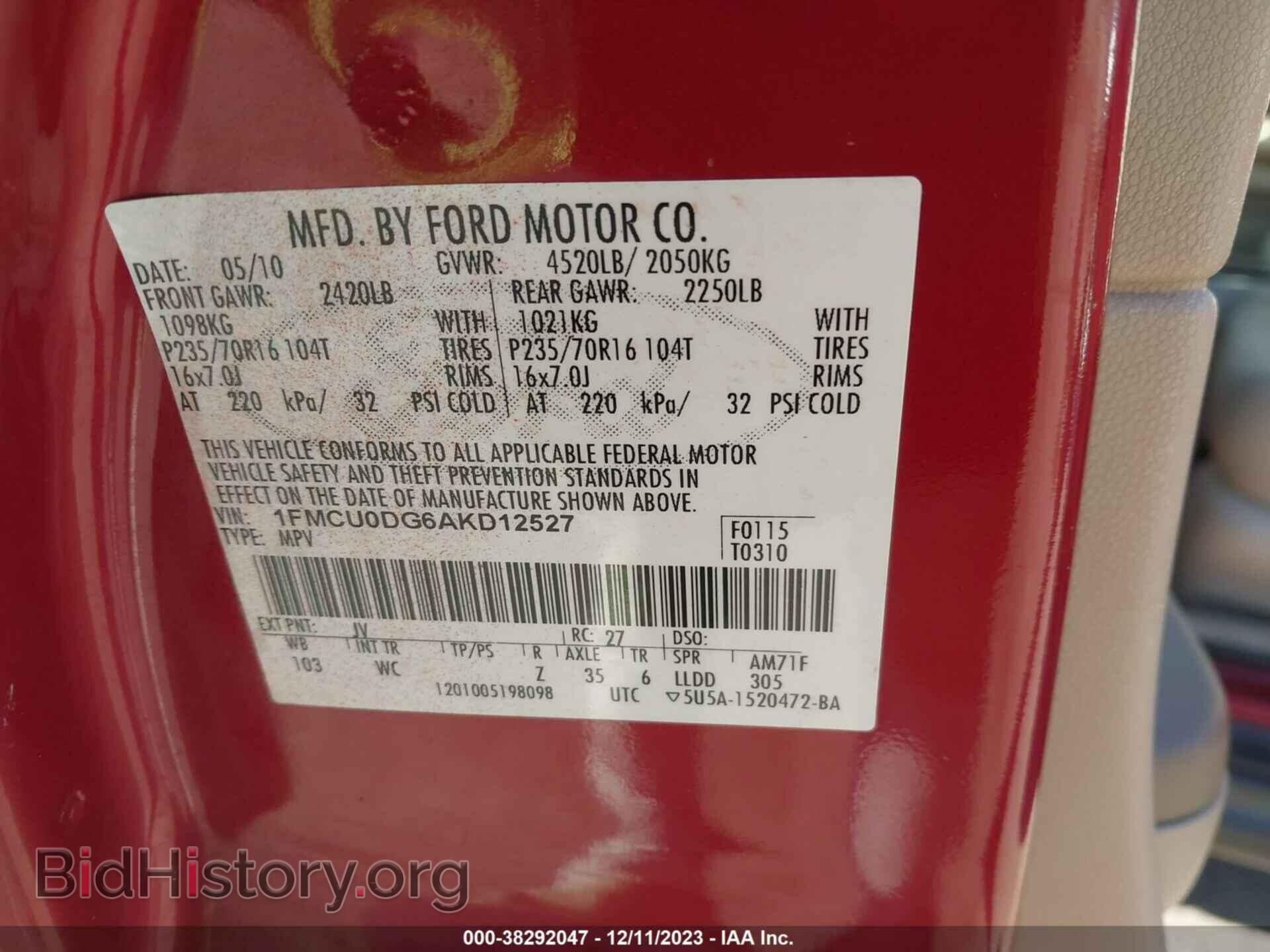 2010 FORD ESCAPE - VIN: 1FMCU0DG6AKD12527 - Фото 9