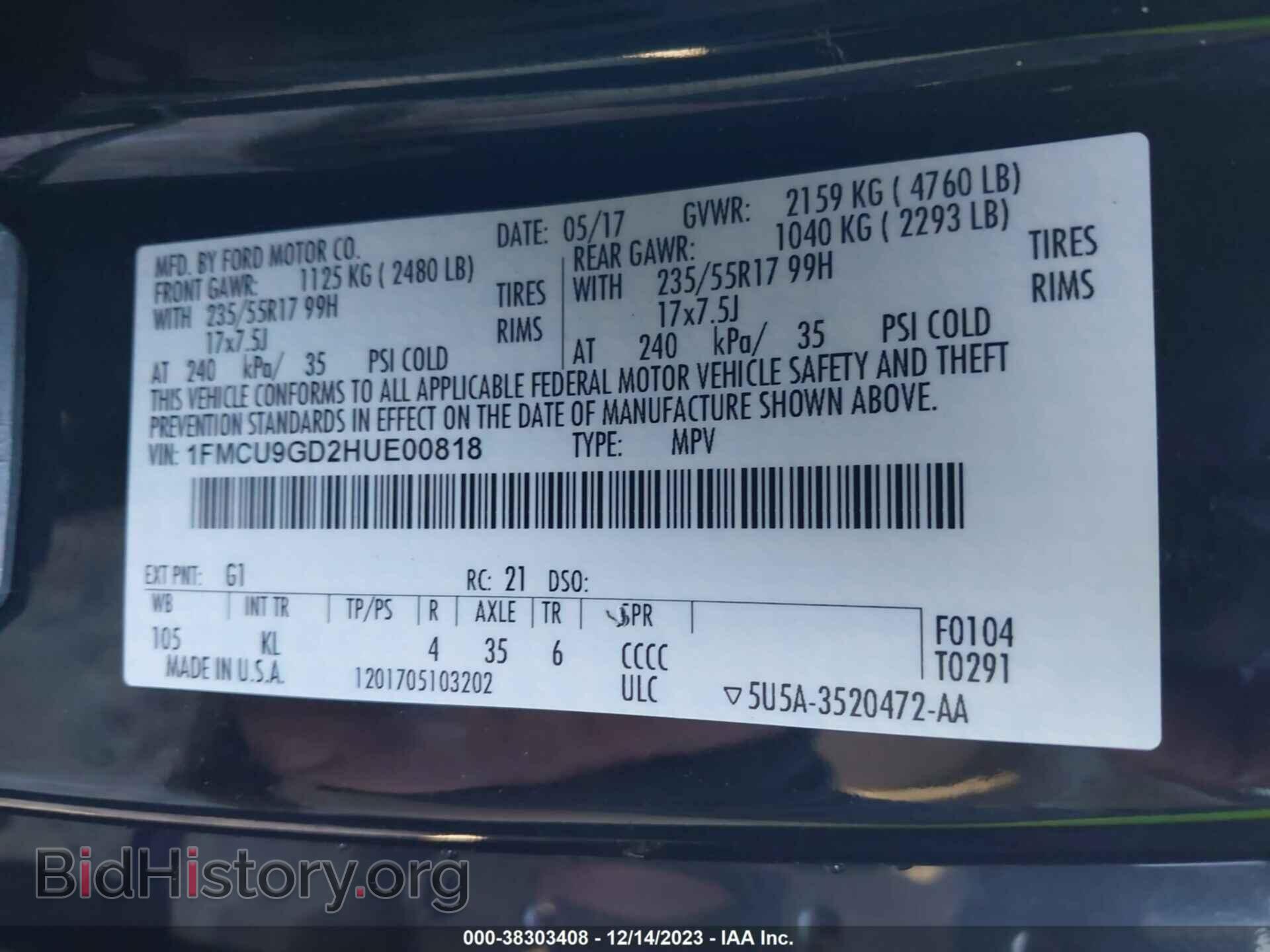 2017 FORD ESCAPE - VIN: 1FMCU9GD2HUE00818 - Photo 9