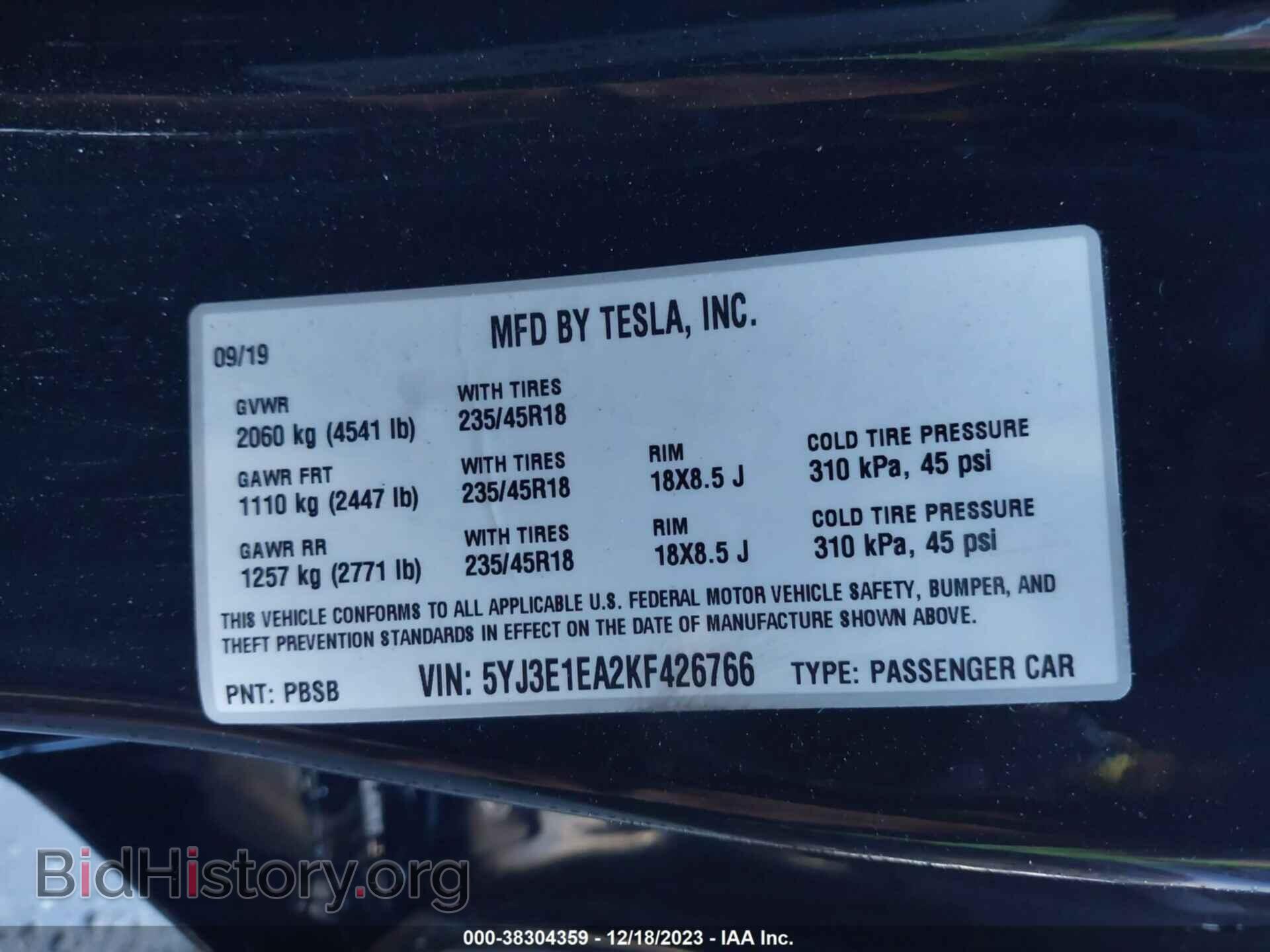 2019 TESLA MODEL 3 - VIN: 5YJ3E1EA2KF426766 - Фото 9