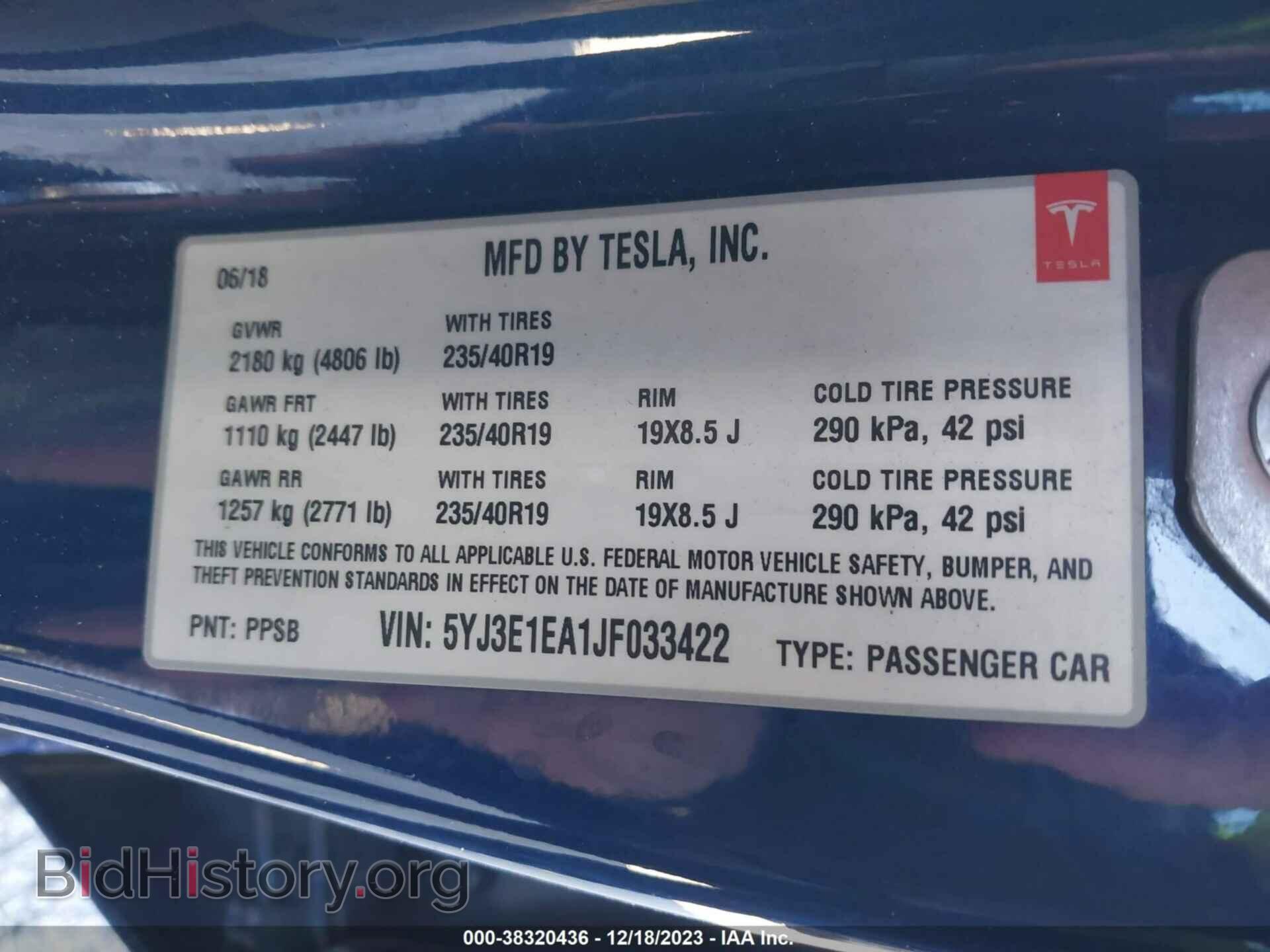 2018 TESLA MODEL 3 - VIN: 5YJ3E1EA1JF033422 - Фото 9