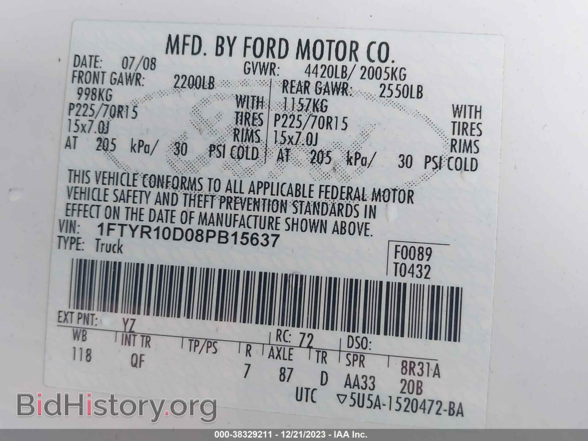 2008 FORD RANGER - VIN: 1FTYR10D08PB15637 - Фото 9
