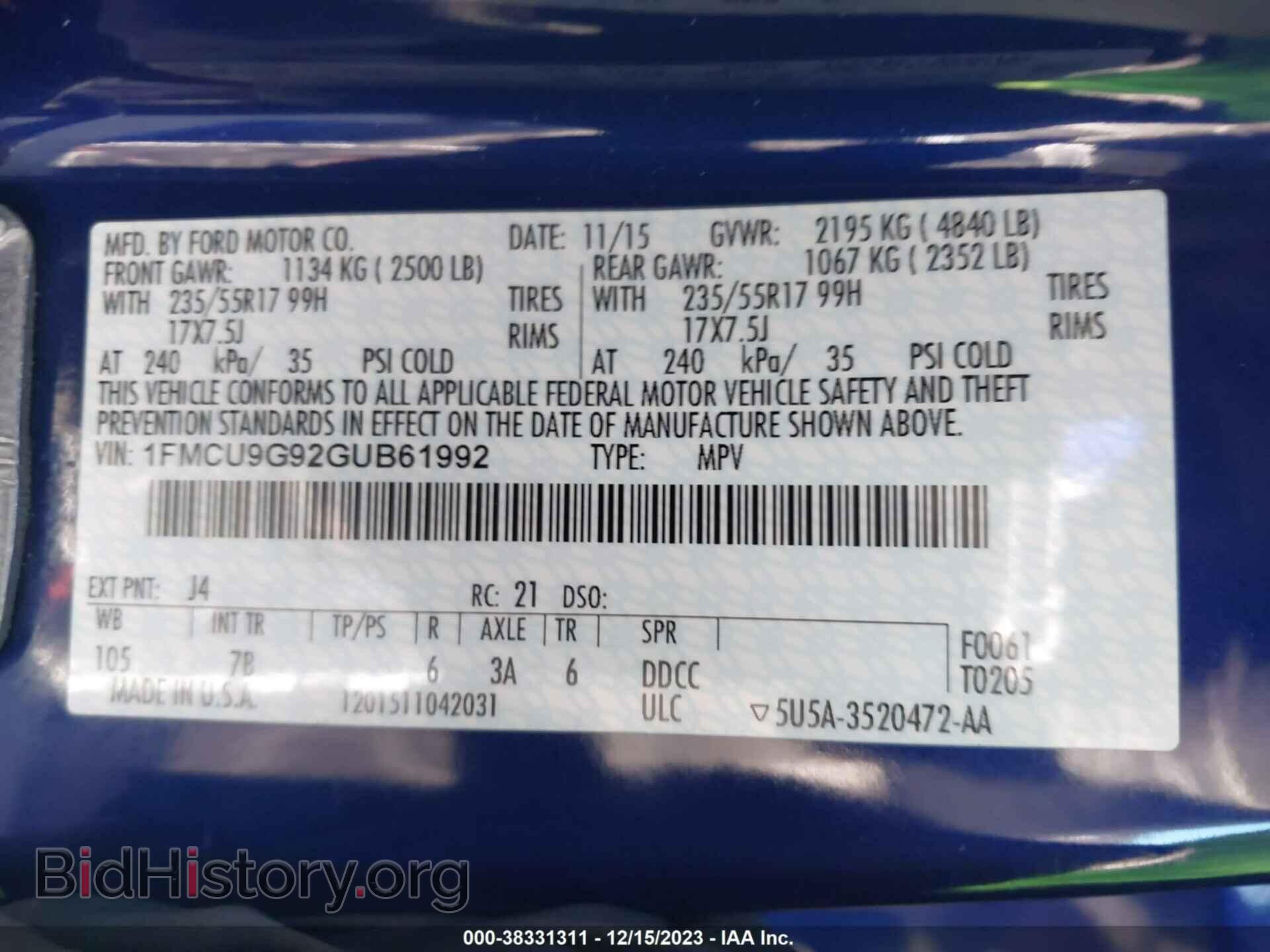 2016 FORD ESCAPE - VIN: 1FMCU9G92GUB61992 - Фото 9