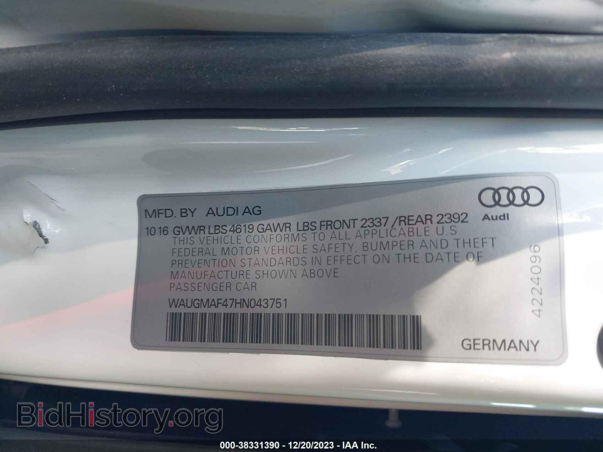 2017 AUDI A4 - VIN: WAUGMAF47HN043751 - Фото 9
