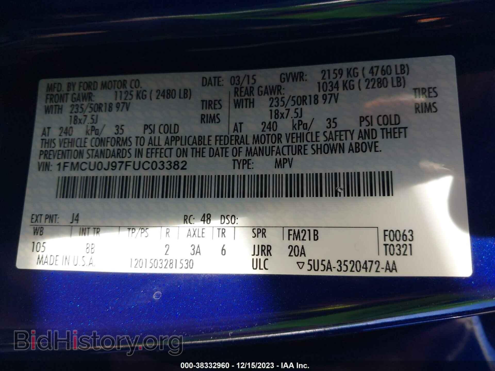 2015 FORD ESCAPE - VIN: 1FMCU0J97FUC03382 - Фото 9