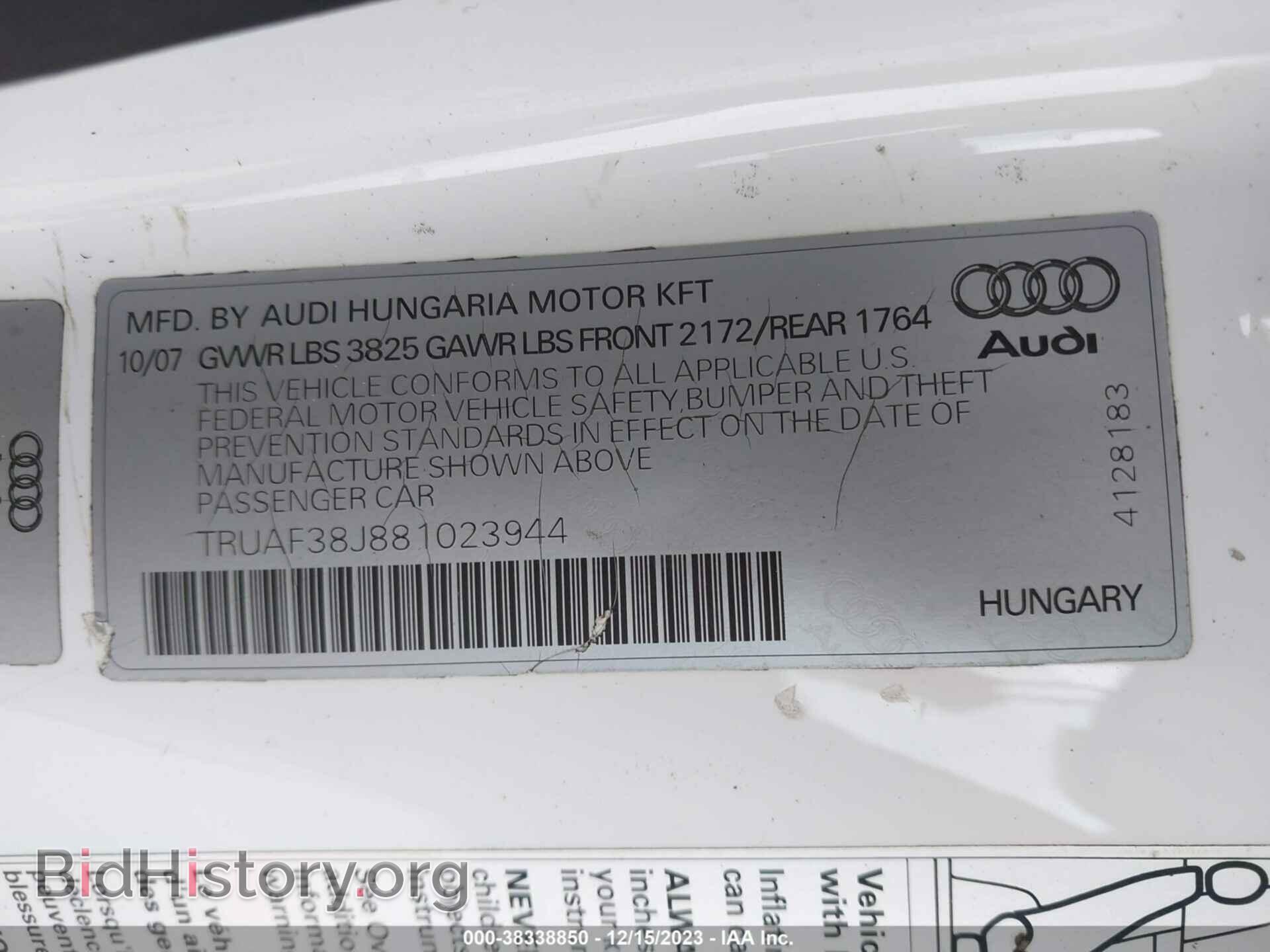 2008 AUDI TT - VIN: TRUAF38J881023944 - Фото 9