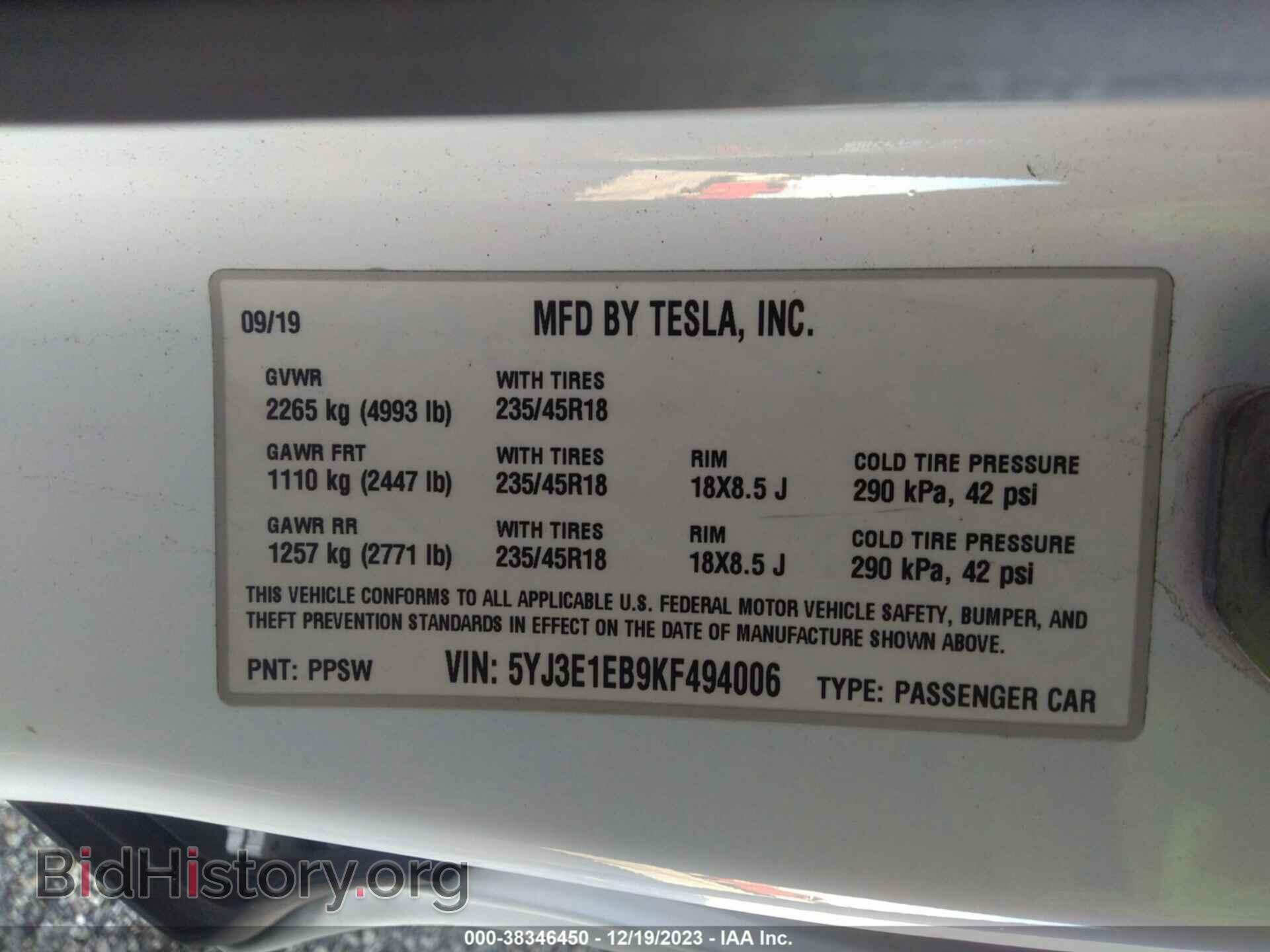 2019 TESLA MODEL 3 - VIN: 5YJ3E1EB9KF494006 - Фото 9
