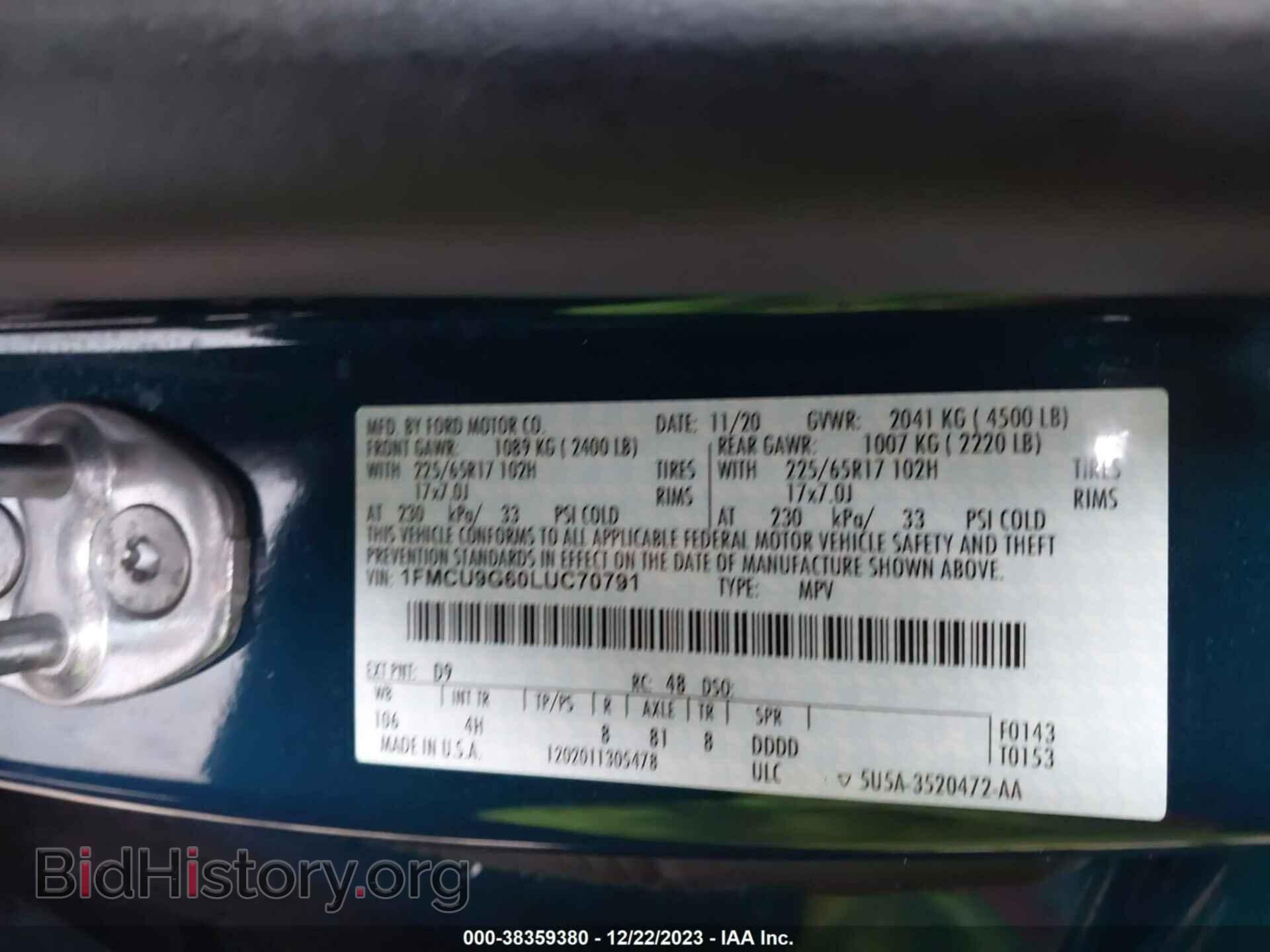 2020 FORD ESCAPE - VIN: 1FMCU9G60LUC70791 - Фото 9
