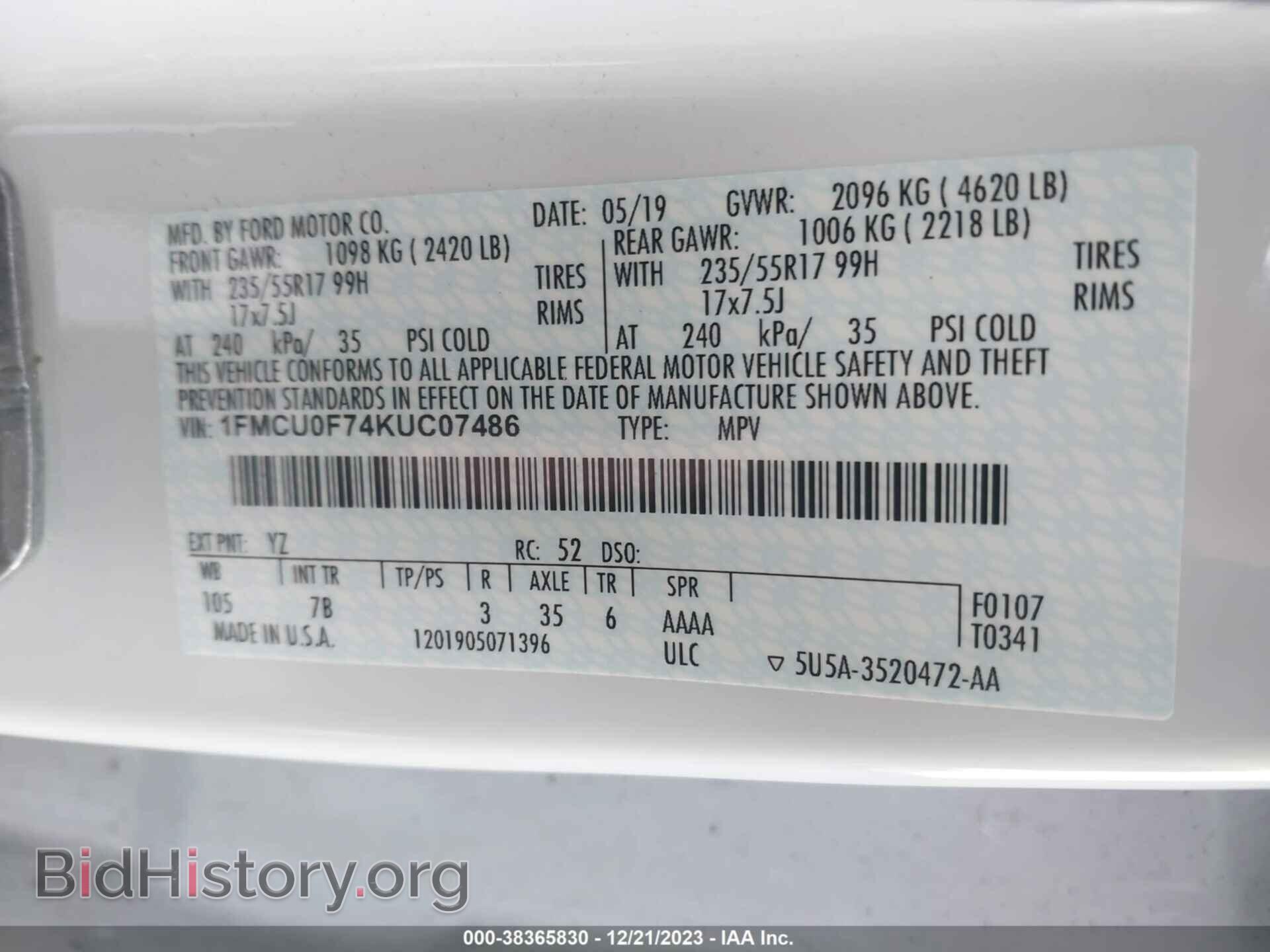 2019 FORD ESCAPE - VIN: 1FMCU0F74KUC07486 - Photo 9