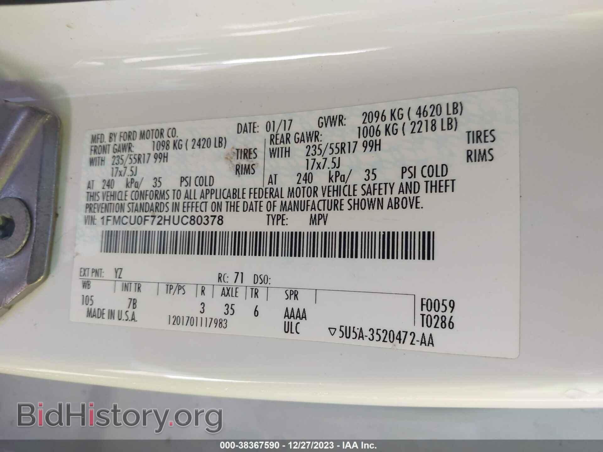 2017 FORD ESCAPE - VIN: 1FMCU0F72HUC80378 - Photo 9