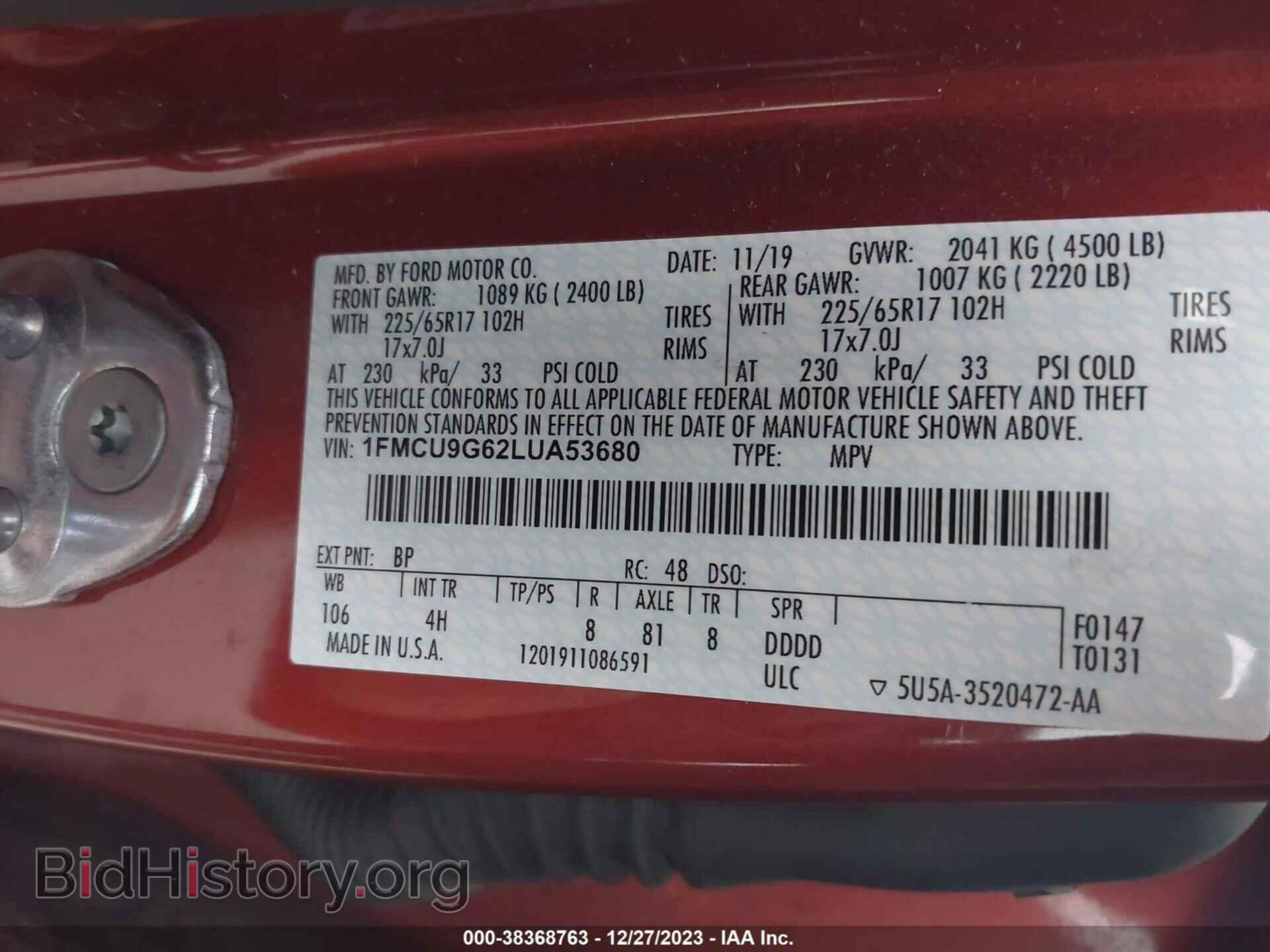 2020 FORD ESCAPE - VIN: 1FMCU9G62LUA53680 - Фото 9