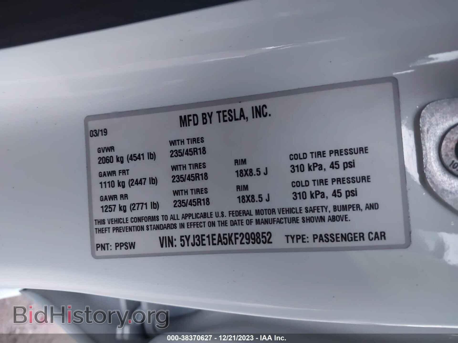 2019 TESLA MODEL 3 - VIN: 5YJ3E1EA5KF299852 - Фото 9
