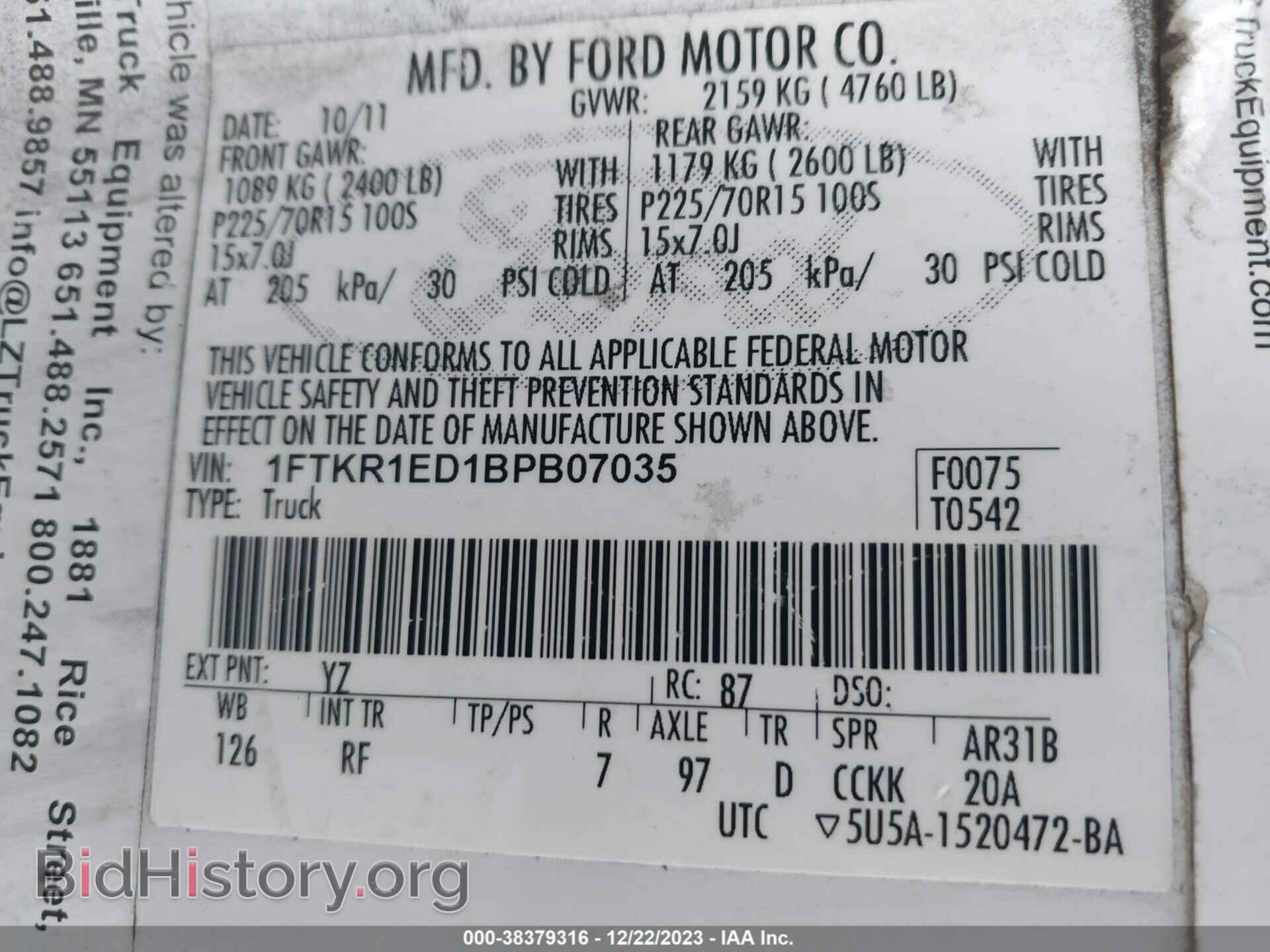 2011 FORD RANGER - VIN: 1FTKR1ED1BPB07035 - Фото 9
