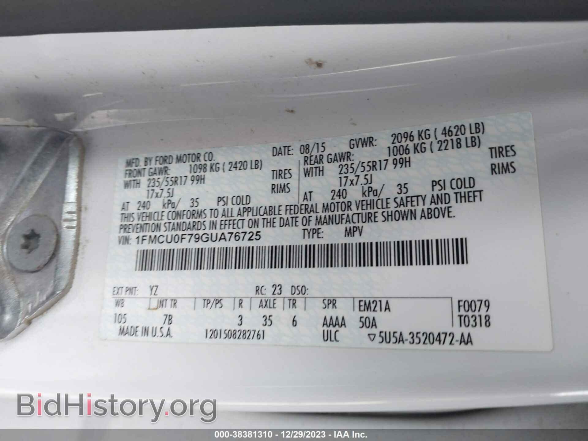 2016 FORD ESCAPE - VIN: 1FMCU0F79GUA76725 - Фото 9