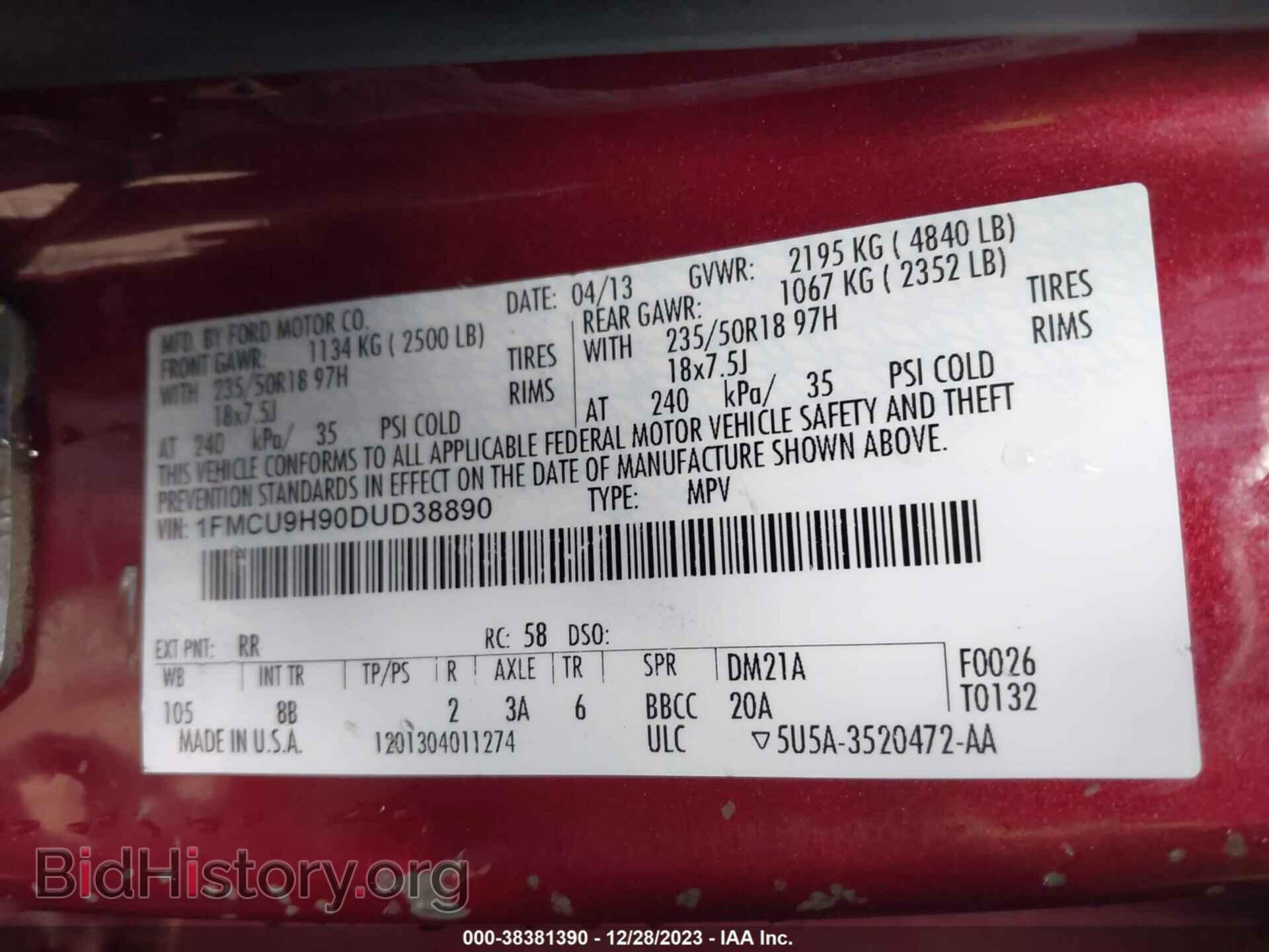2013 FORD ESCAPE - VIN: 1FMCU9H90DUD38890 - Фото 9