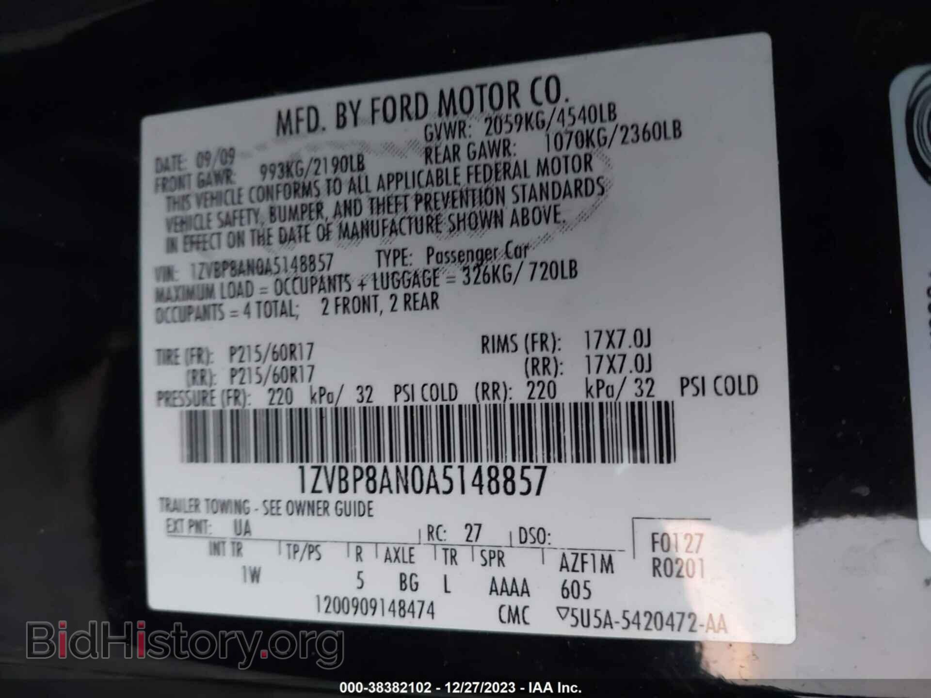 2010 FORD MUSTANG - VIN: 1ZVBP8AN0A5148857 - Фото 9