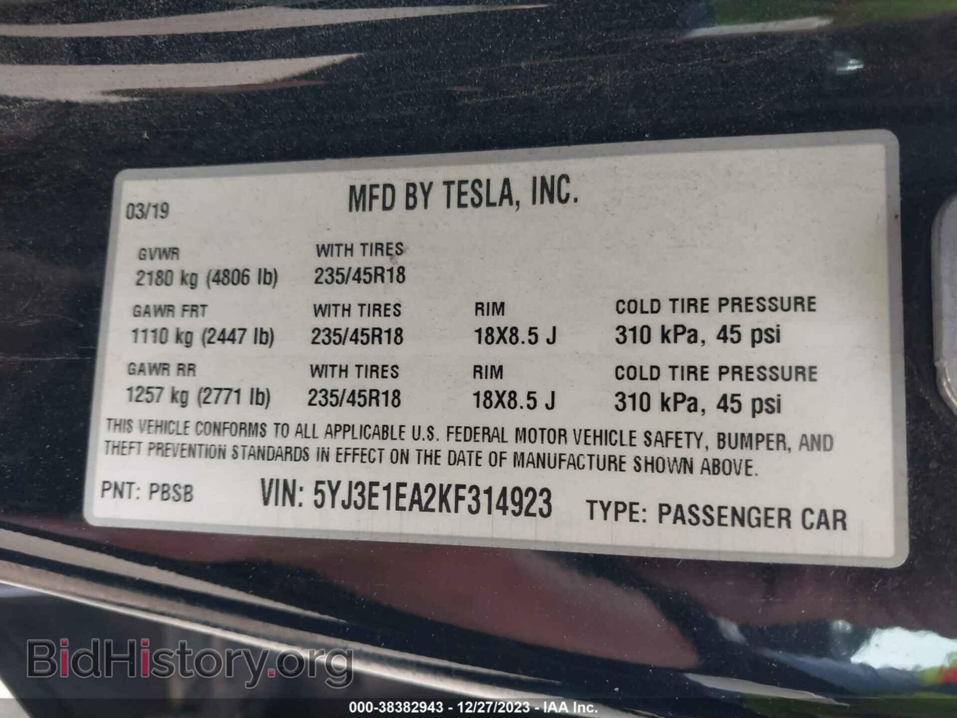 2019 TESLA MODEL 3 - VIN: 5YJ3E1EA2KF314923 - Фото 9