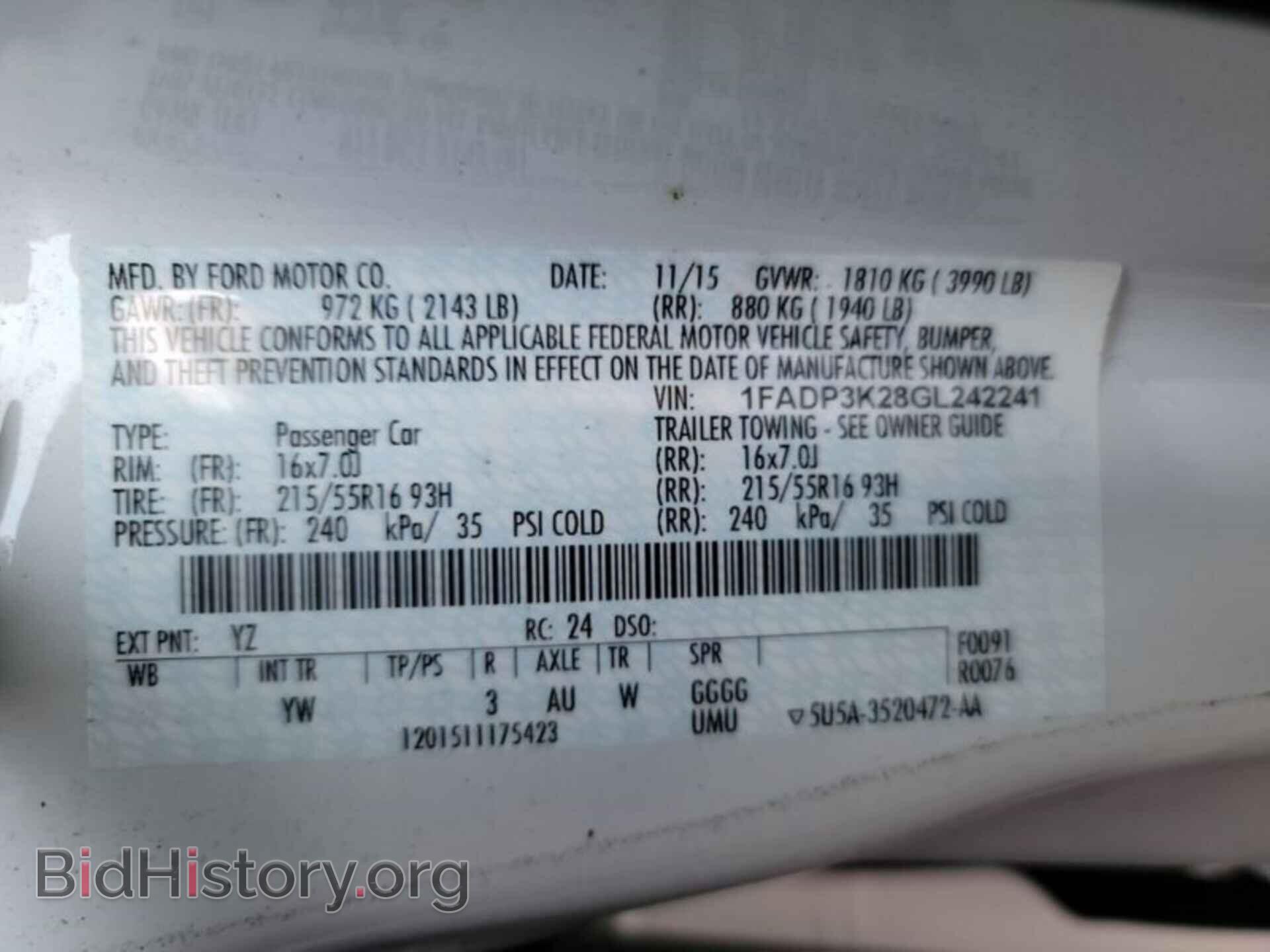 2016 FORD FOCUS - VIN: 1FADP3K28GL242241 - Фото 3