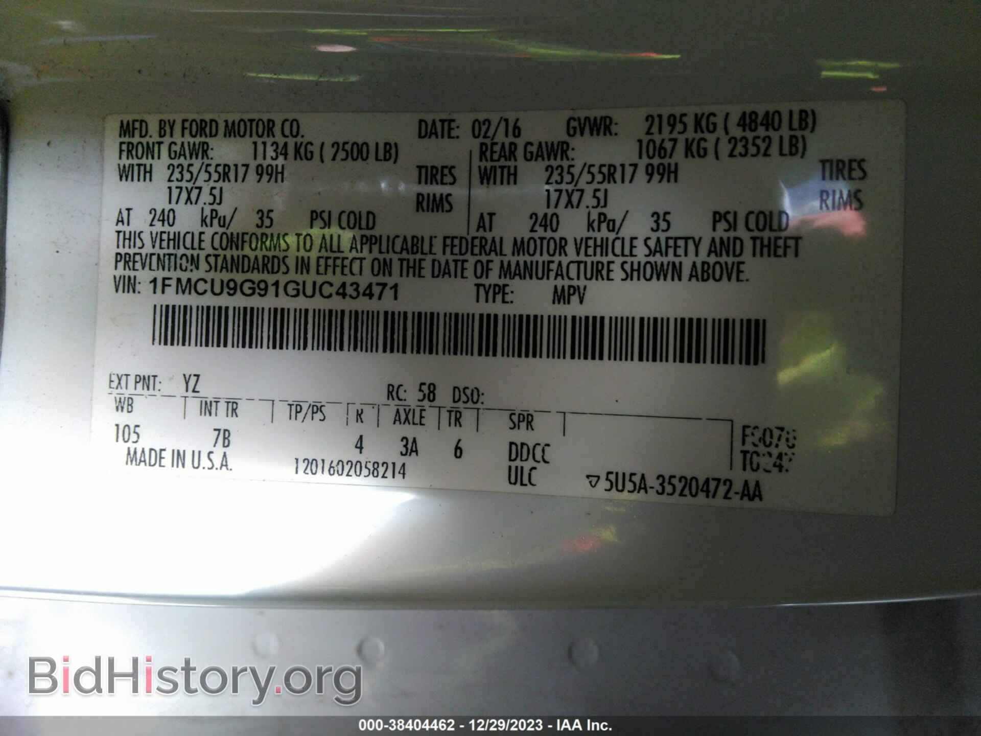 2016 FORD ESCAPE - VIN: 1FMCU9G91GUC43471 - Фото 9