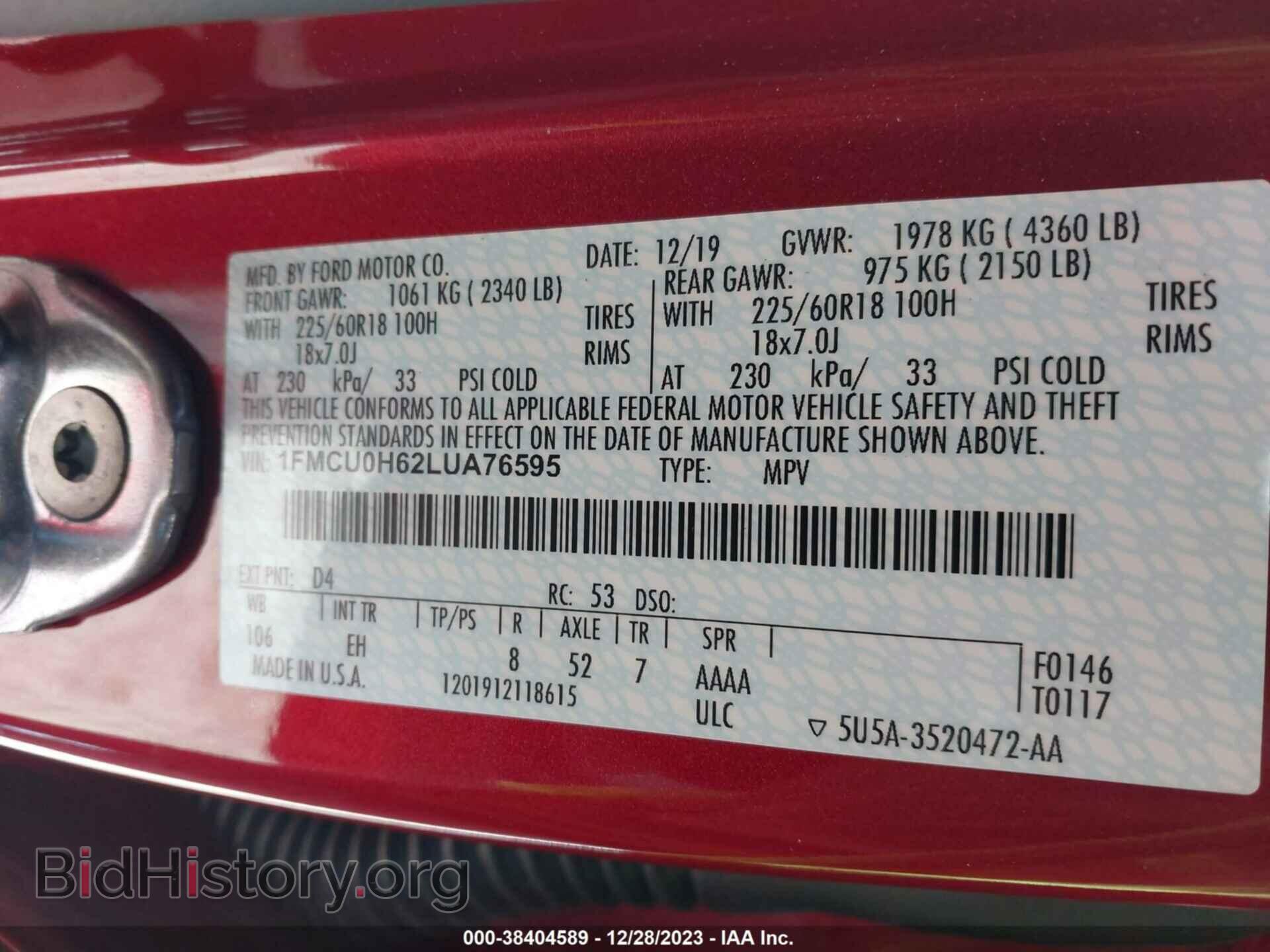 2020 FORD ESCAPE - VIN: 1FMCU0H62LUA76595 - Photo 9