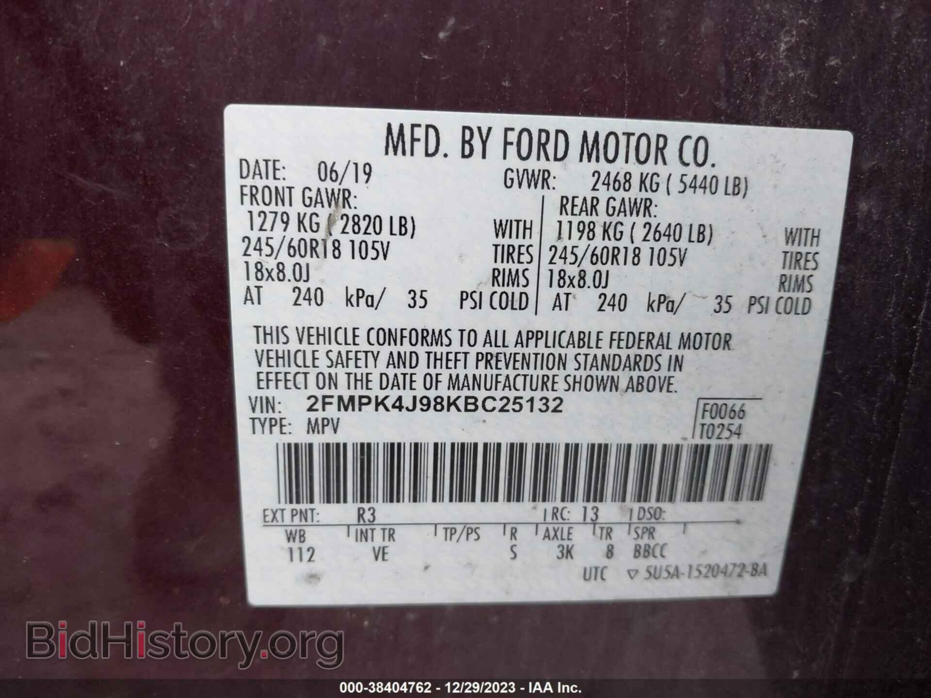 2019 FORD EDGE - VIN: 2FMPK4J98KBC25132 - Photo 9