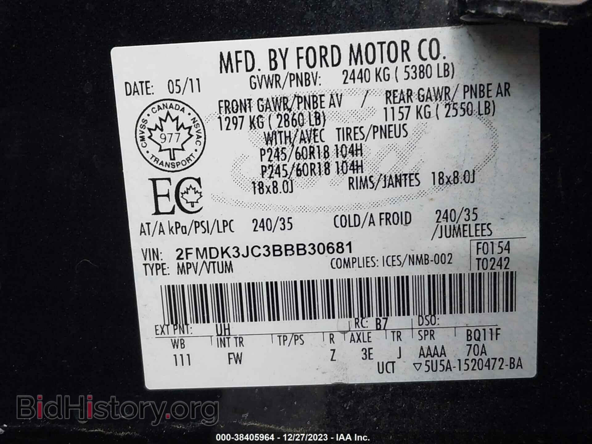 2011 FORD EDGE - VIN: 2FMDK3JC3BBB30681 - Фото 9