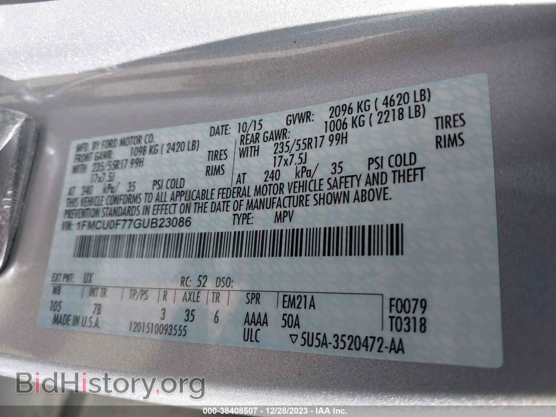 2016 FORD ESCAPE - VIN: 1FMCU0F77GUB23086 - Фото 9