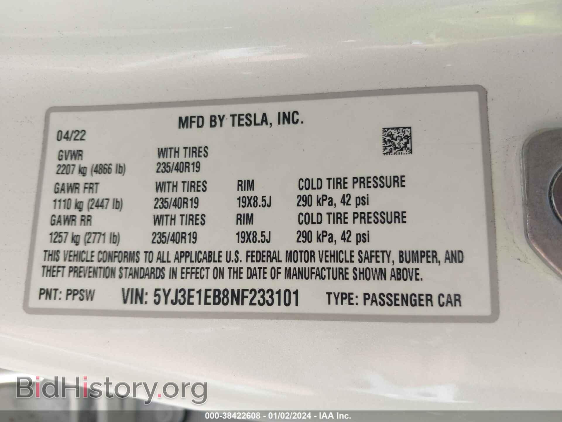 2022 TESLA MODEL 3 - VIN: 5YJ3E1EB8NF233101 - Фото 9