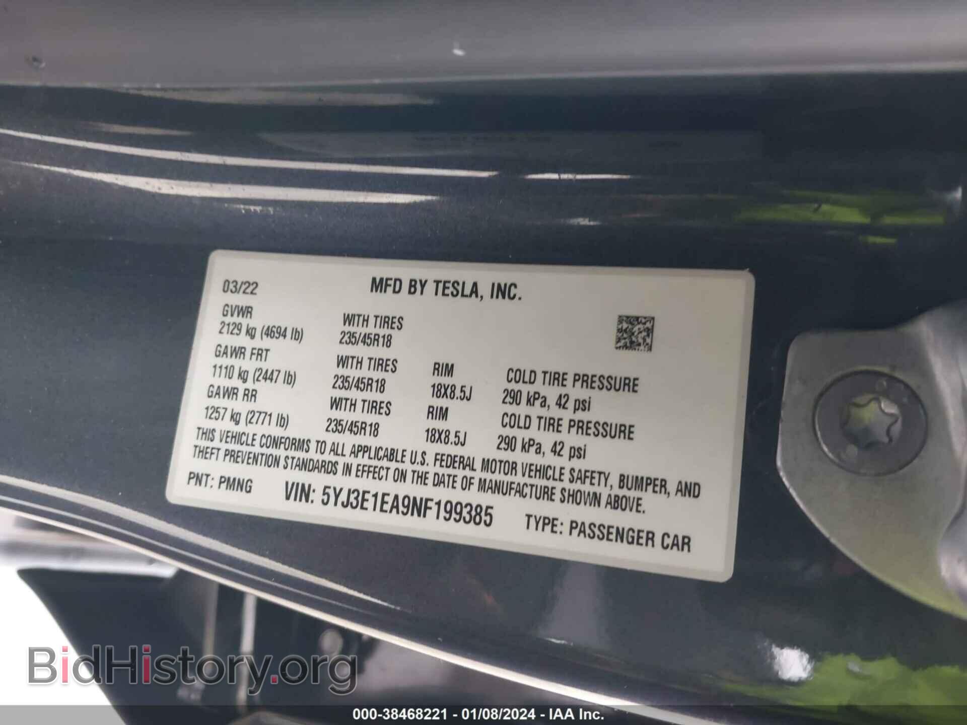 2022 TESLA MODEL 3 - VIN: 5YJ3E1EA9NF199385 - Фото 9