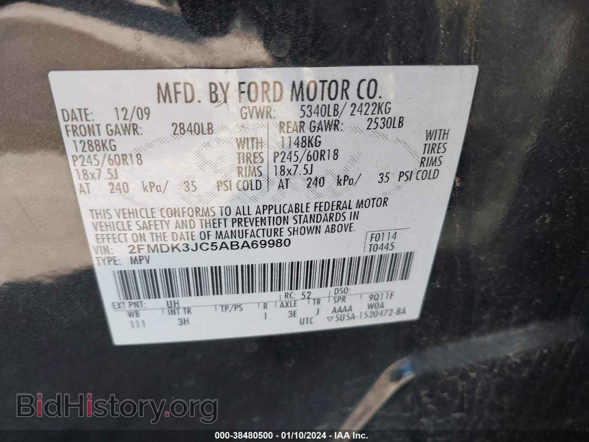 2010 FORD EDGE - VIN: 2FMDK3JC5ABA69980 - Фото 9