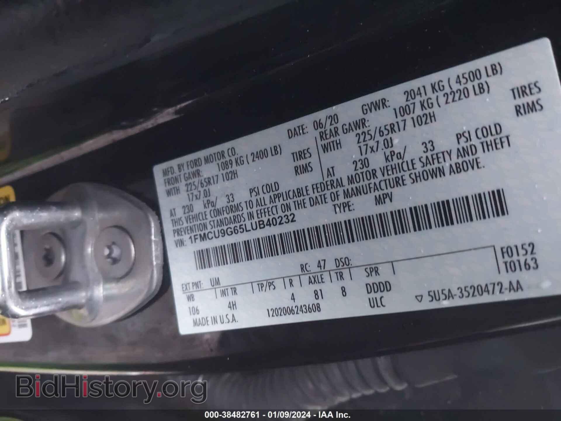 2020 FORD ESCAPE - VIN: 1FMCU9G65LUB40232 - Фото 9
