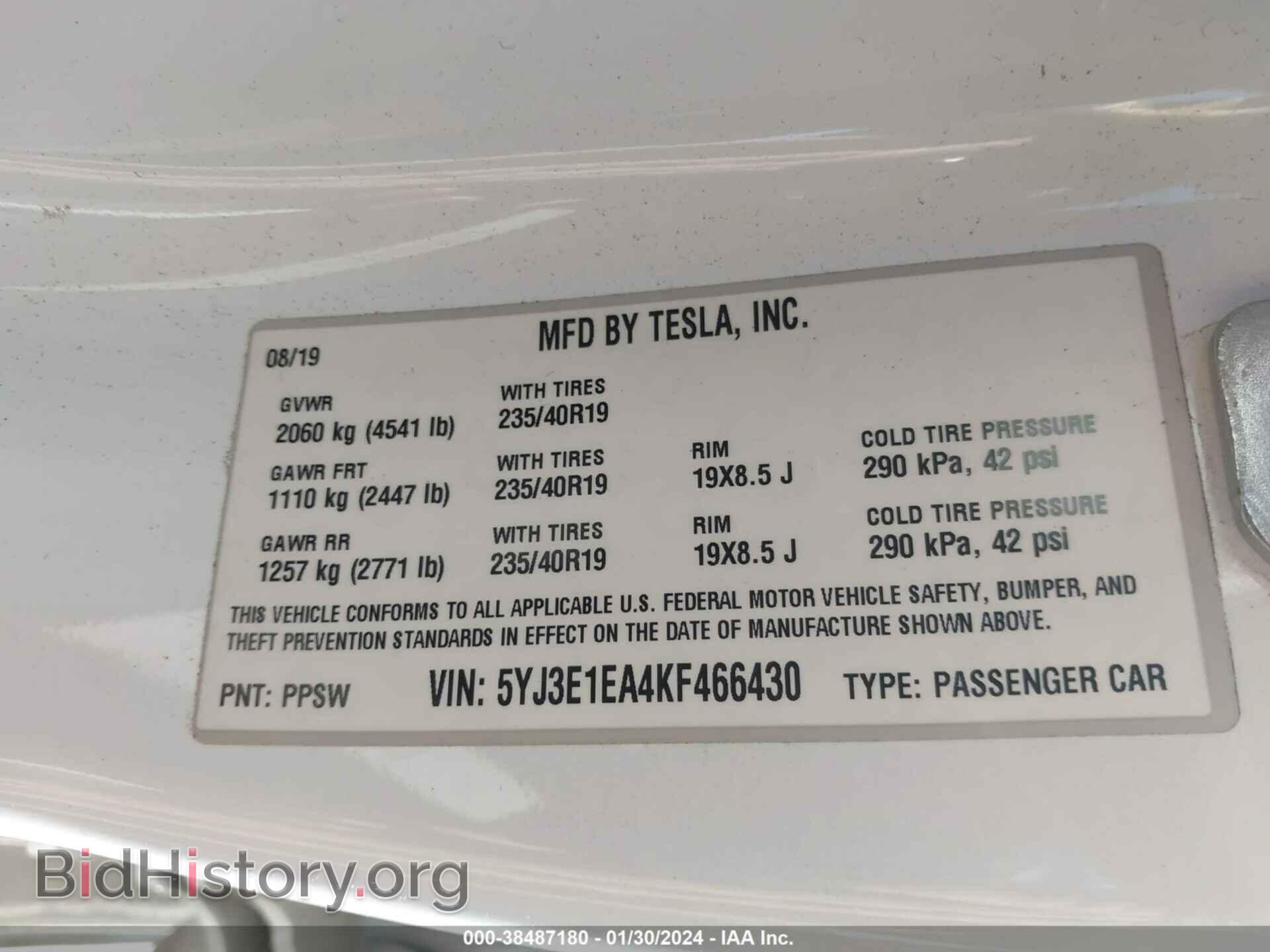 2019 TESLA MODEL 3 - VIN: 5YJ3E1EA4KF466430 - Фото 9