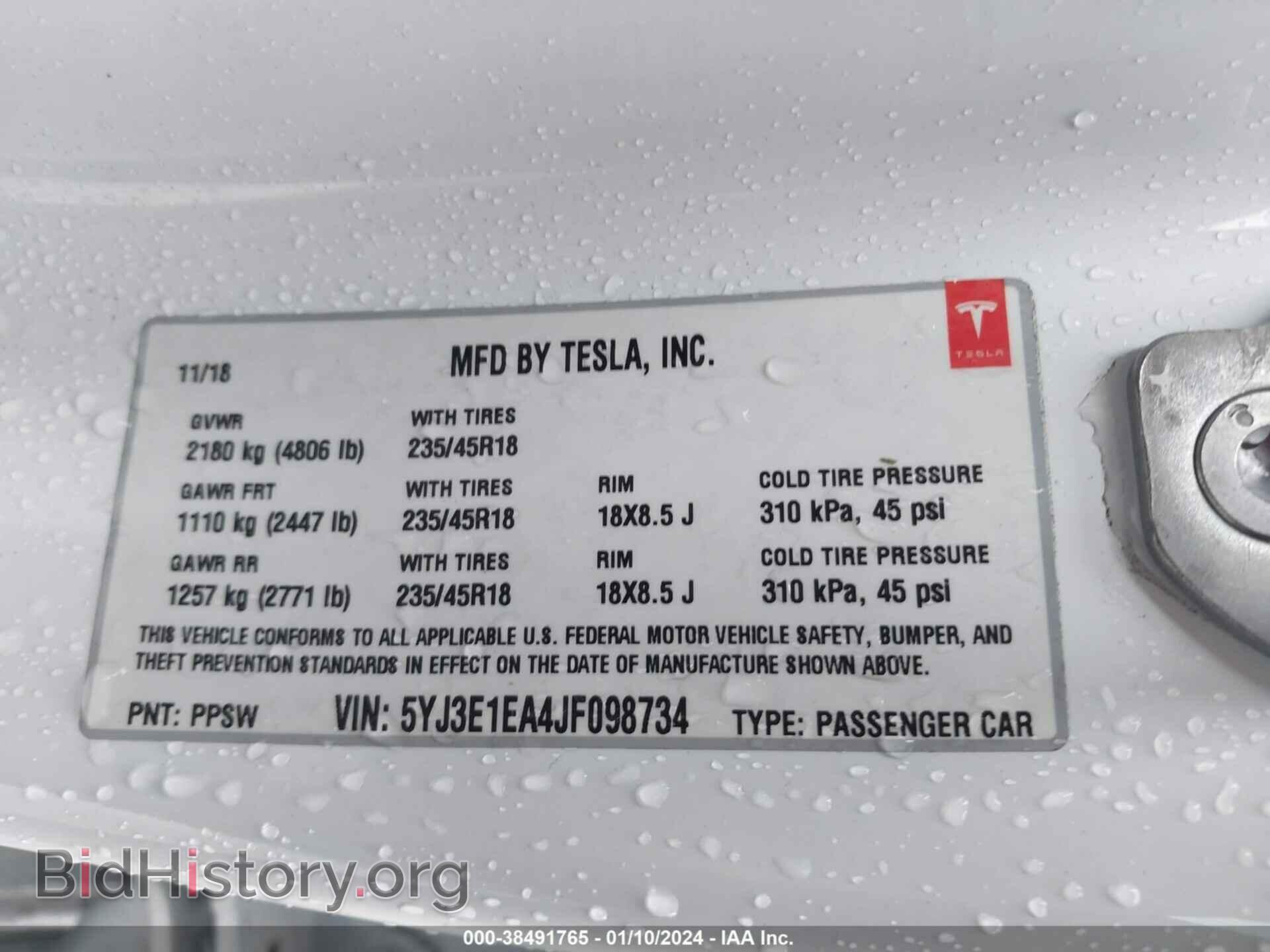2018 TESLA MODEL 3 - VIN: 5YJ3E1EA4JF098734 - Фото 9