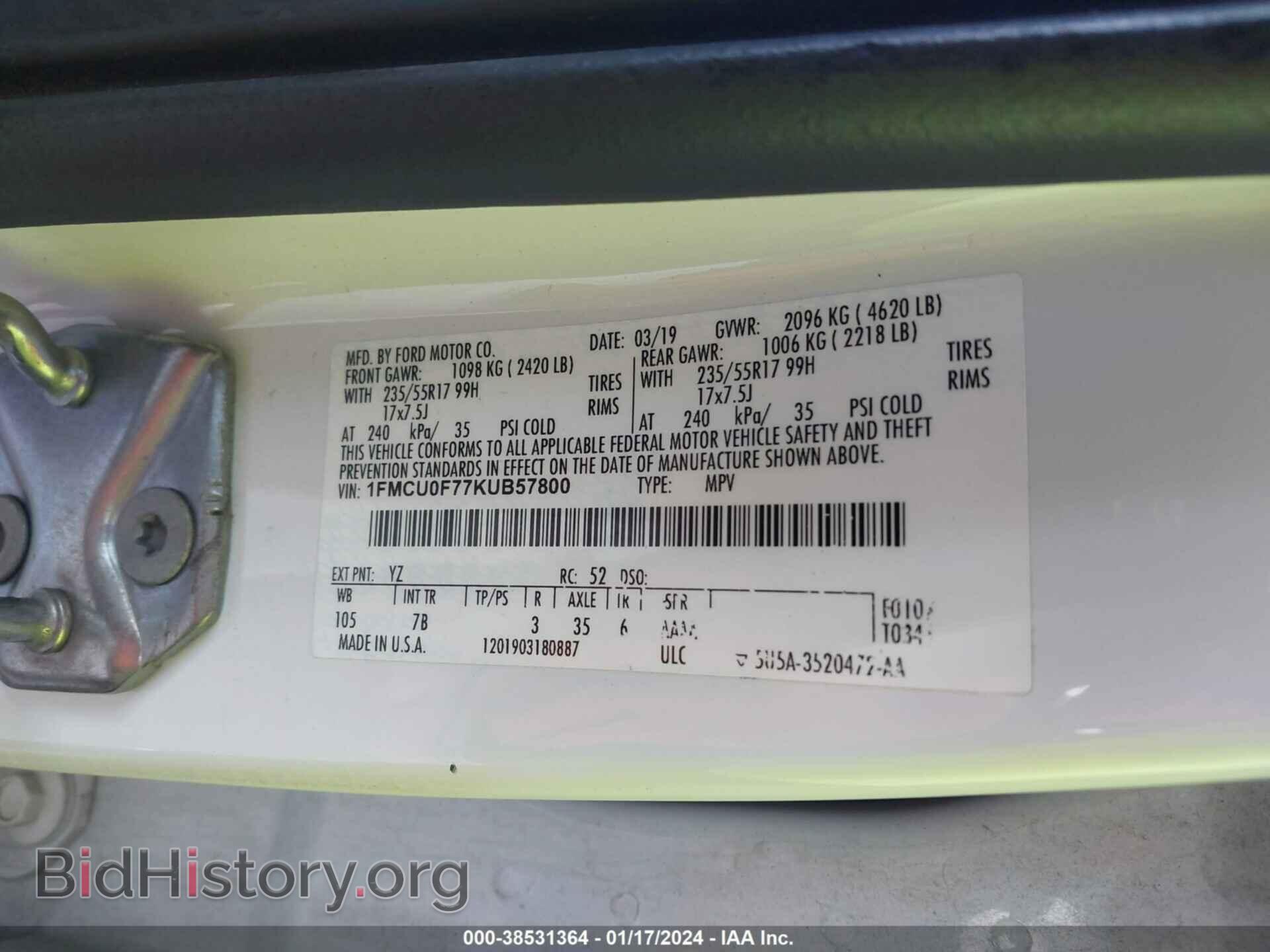 2019 FORD ESCAPE - VIN: 1FMCU0F77KUB57800 - Фото 9