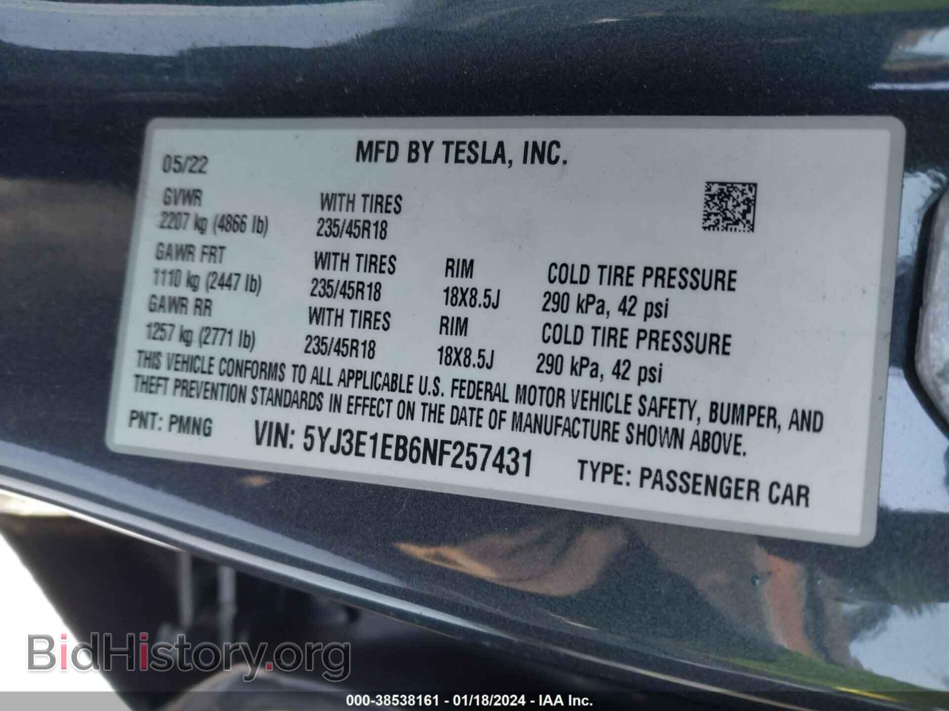 2022 TESLA MODEL 3 - VIN: 5YJ3E1EB6NF257431 - Фото 9