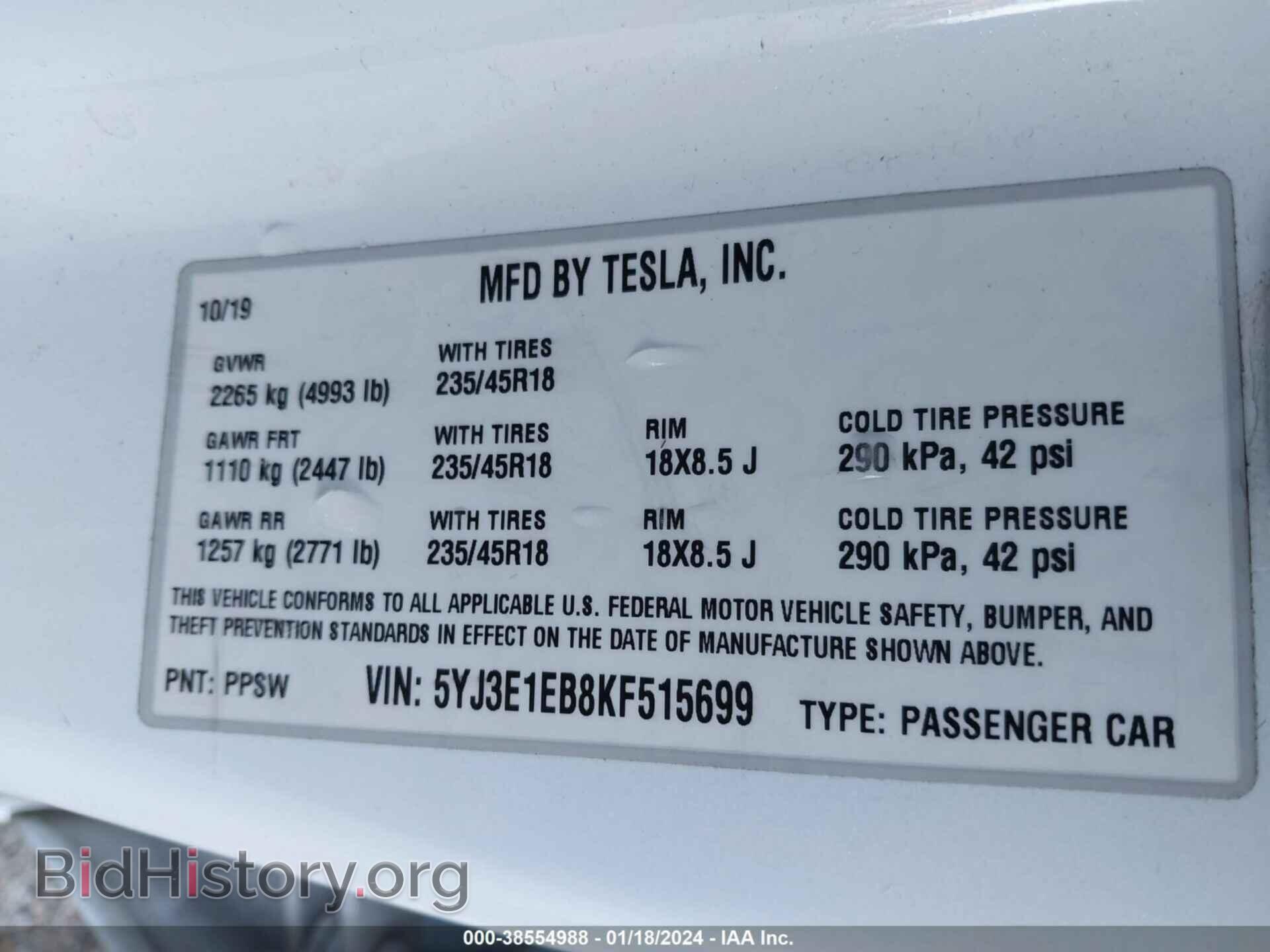 2019 TESLA MODEL 3 - VIN: 5YJ3E1EB8KF515699 - Photo 9