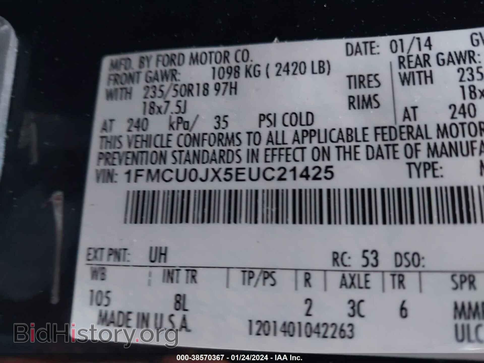 2014 FORD ESCAPE - VIN: 1FMCU0JX5EUC21425 - Фото 9