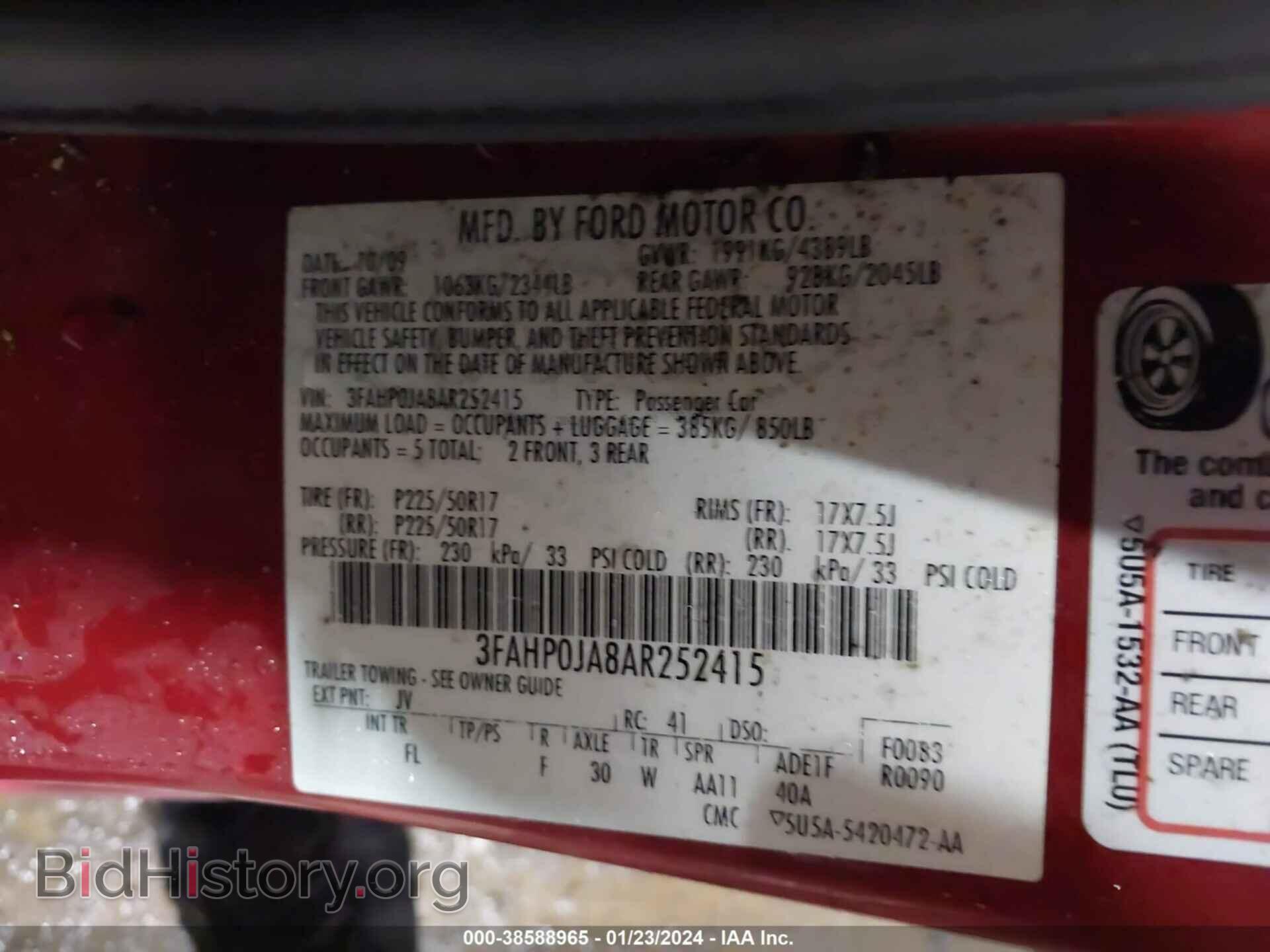 2010 FORD FUSION - VIN: 3FAHP0JA8AR252415 - Фото 9