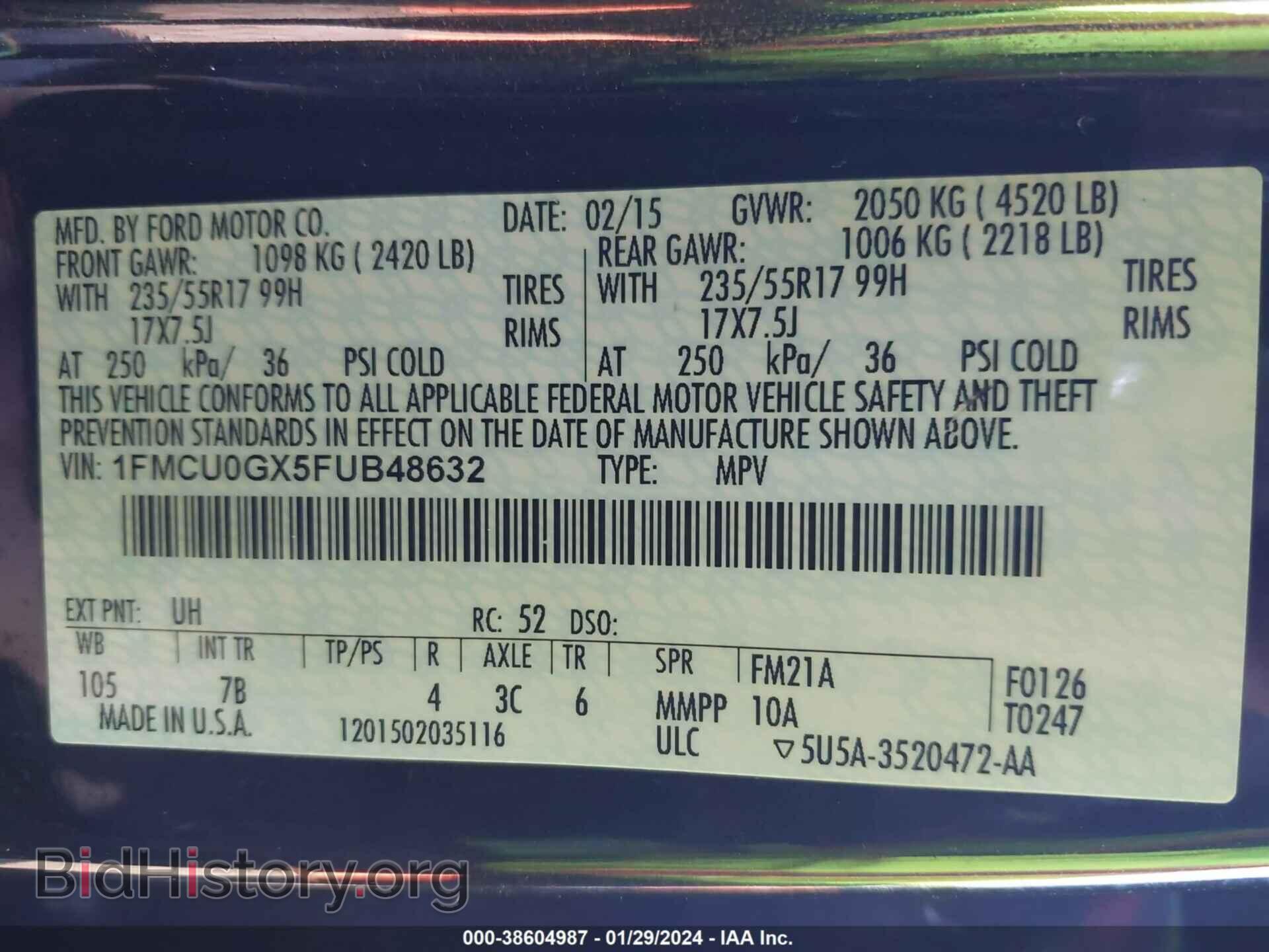 2015 FORD ESCAPE - VIN: 1FMCU0GX5FUB48632 - Фото 9