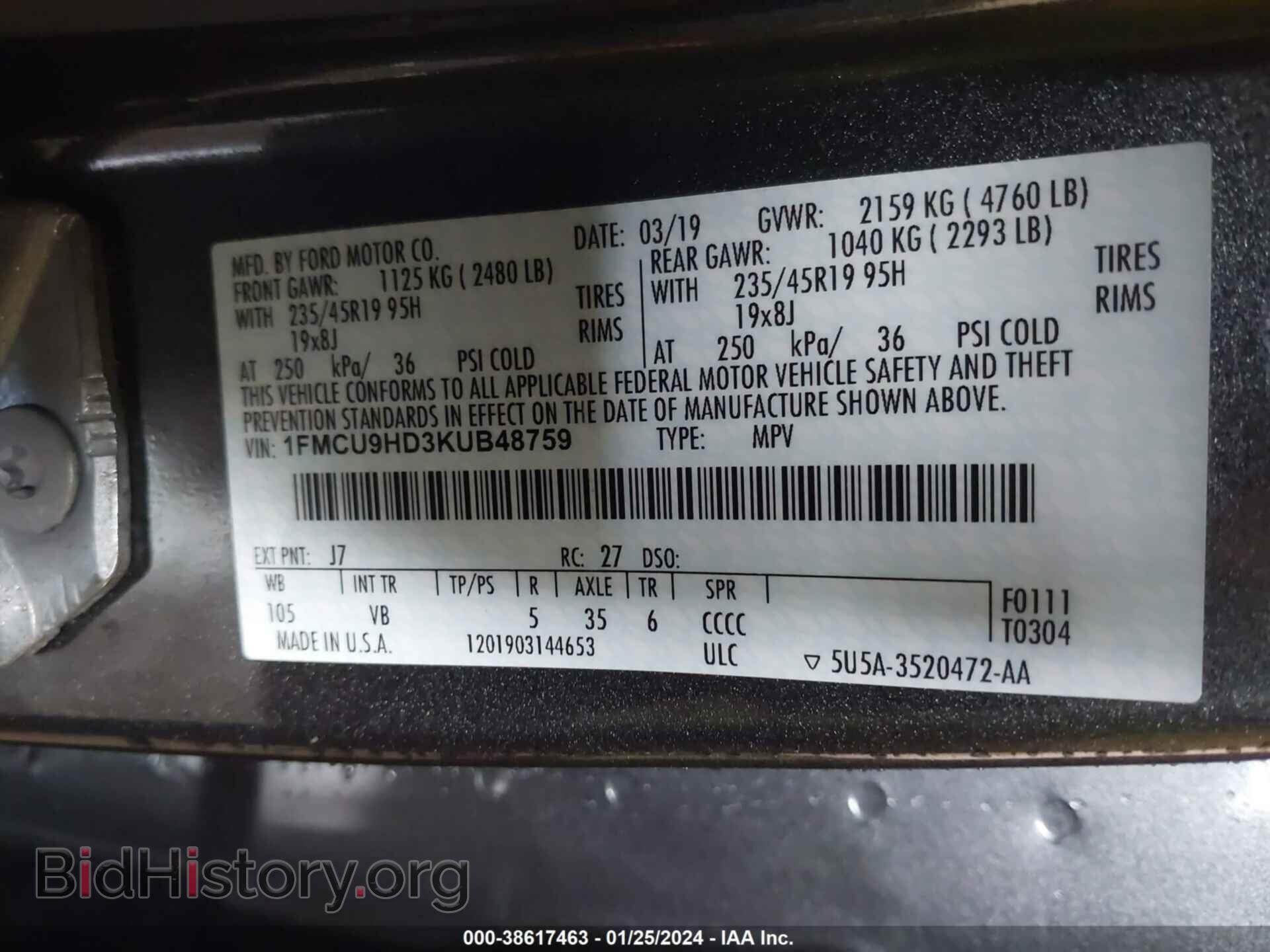 2019 FORD ESCAPE - VIN: 1FMCU9HD3KUB48759 - Photo 9