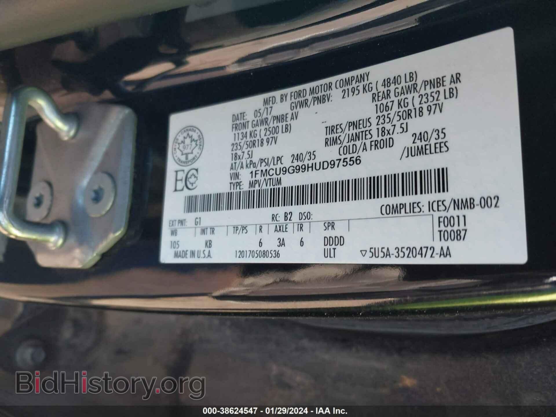 2017 FORD ESCAPE - VIN: 1FMCU9G99HUD97556 - Фото 9