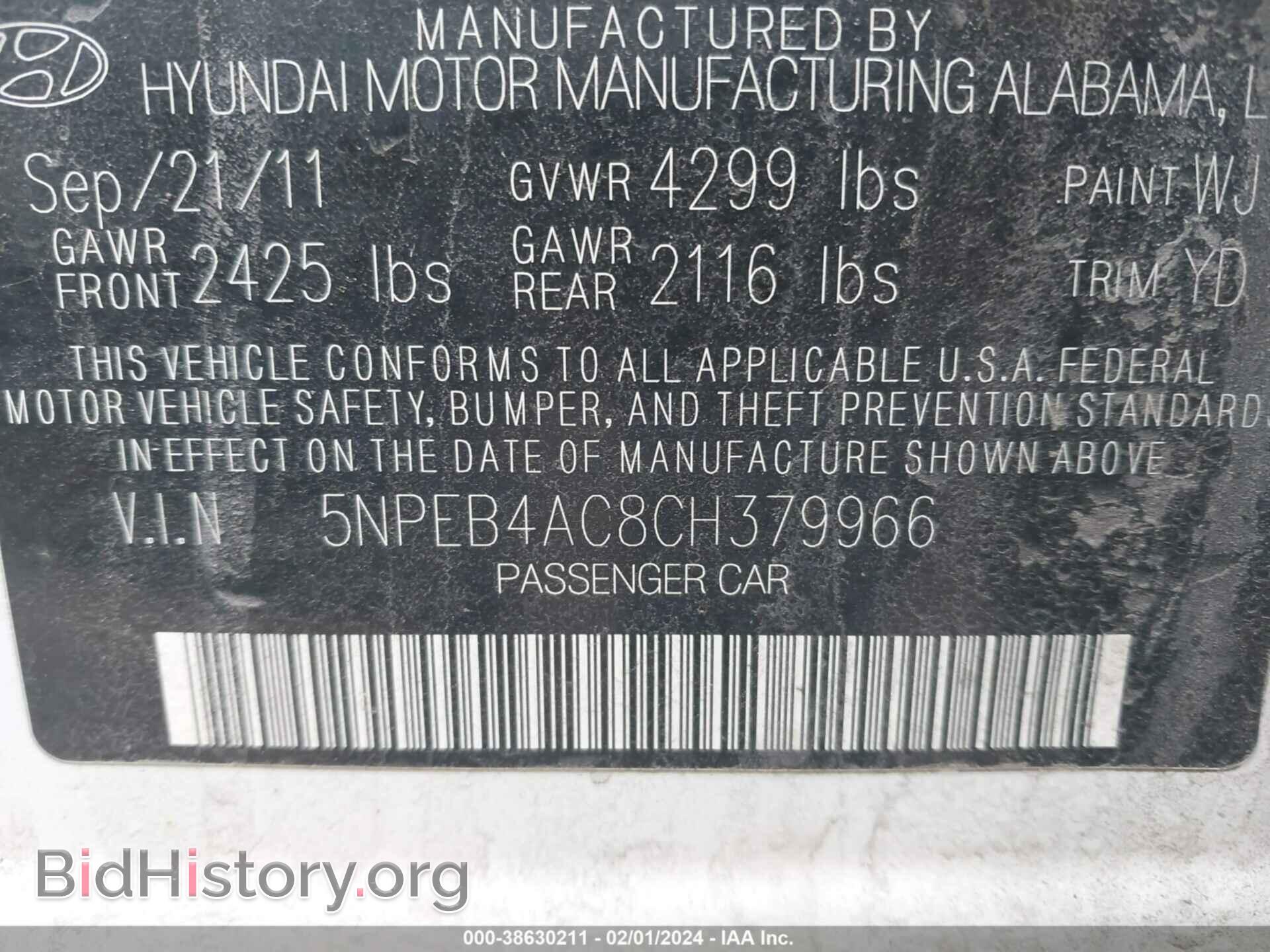 2012 HYUNDAI SONATA - VIN: 5NPEB4AC8CH379966 - Photo 9