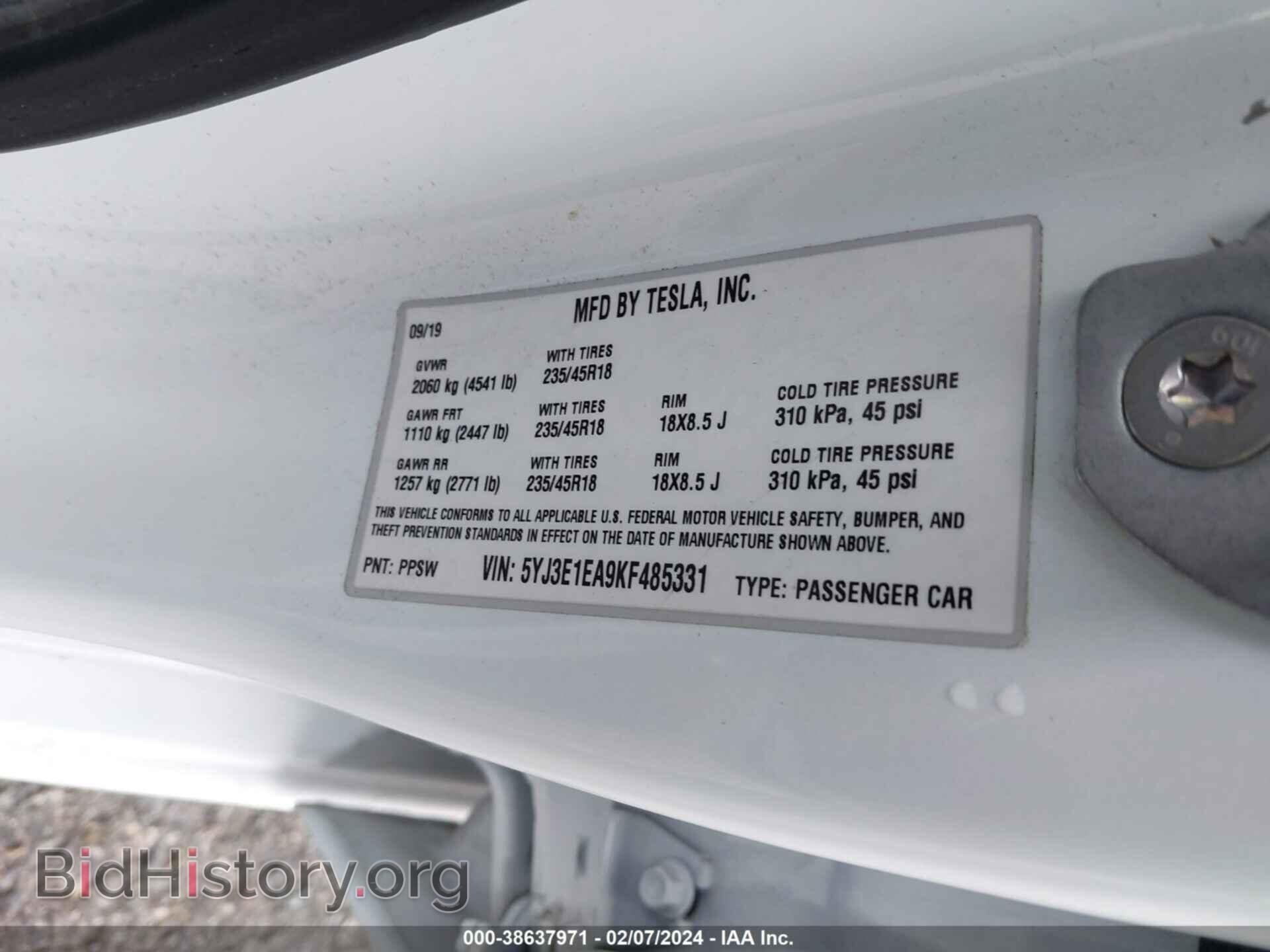 2019 TESLA MODEL 3 - VIN: 5YJ3E1EA9KF485331 - Фото 9