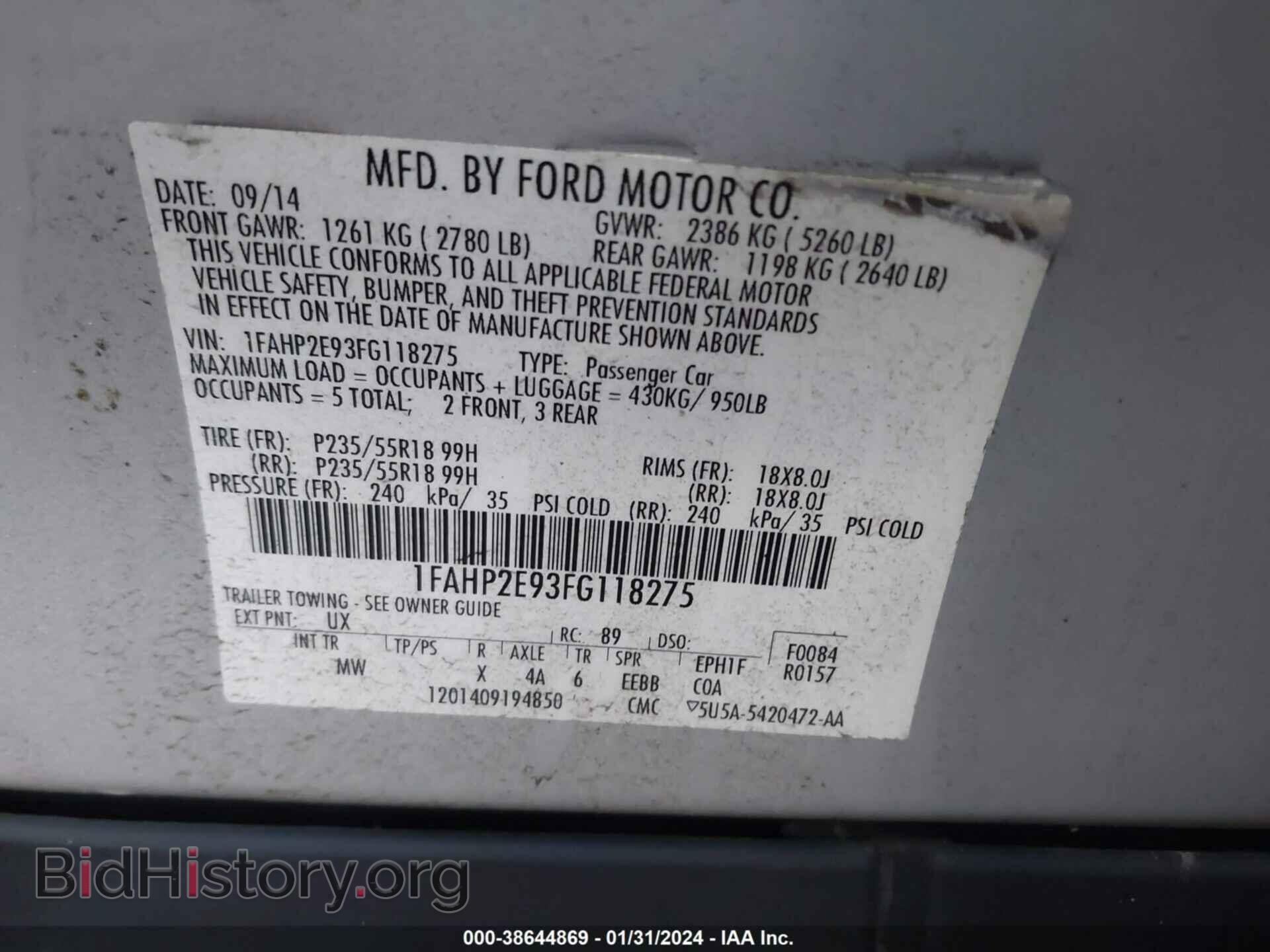 2015 FORD TAURUS - VIN: 1FAHP2E93FG118275 - Photo 9