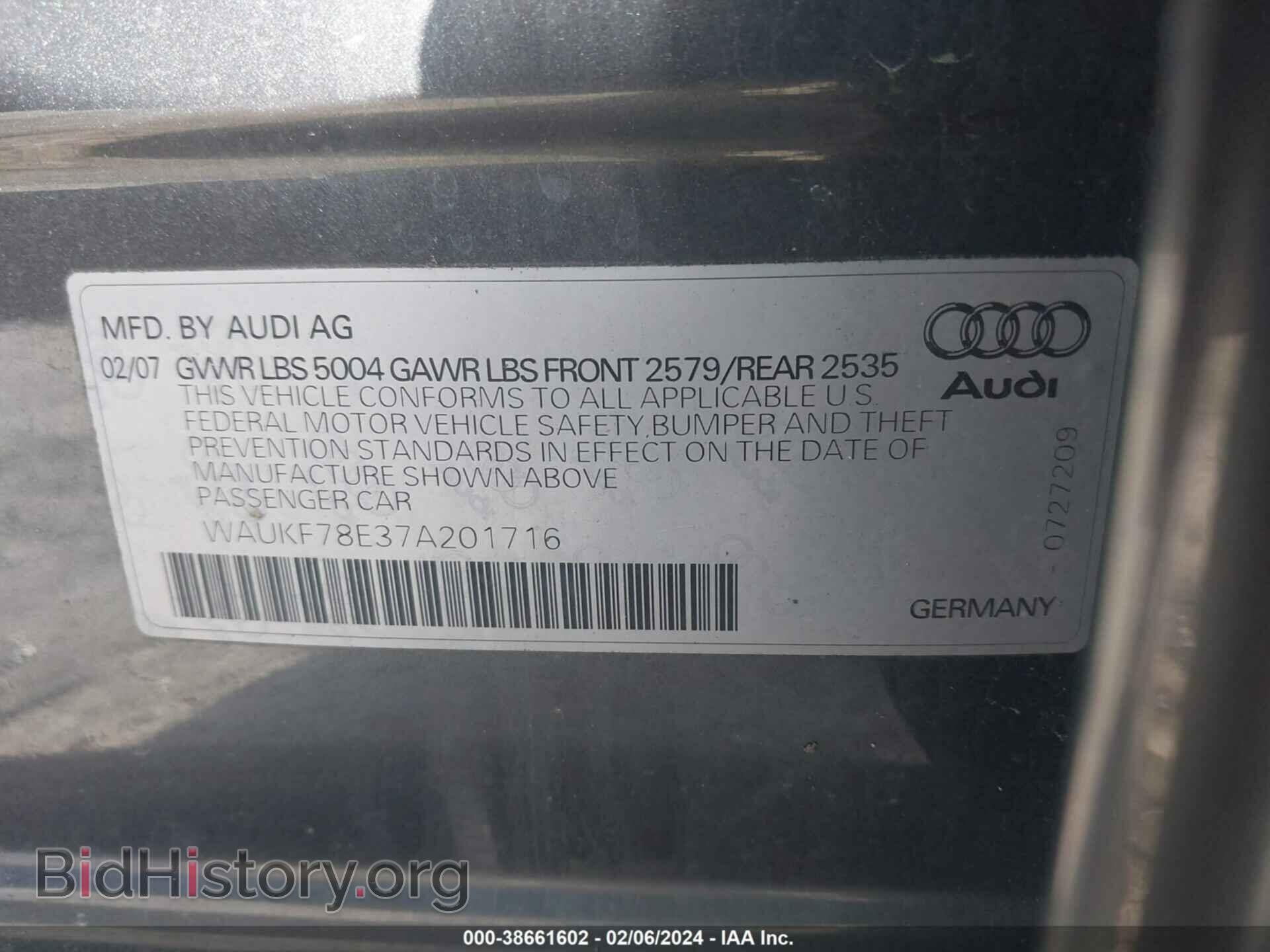 2007 AUDI A4 - VIN: WAUKF78E37A201716 - Фото 9