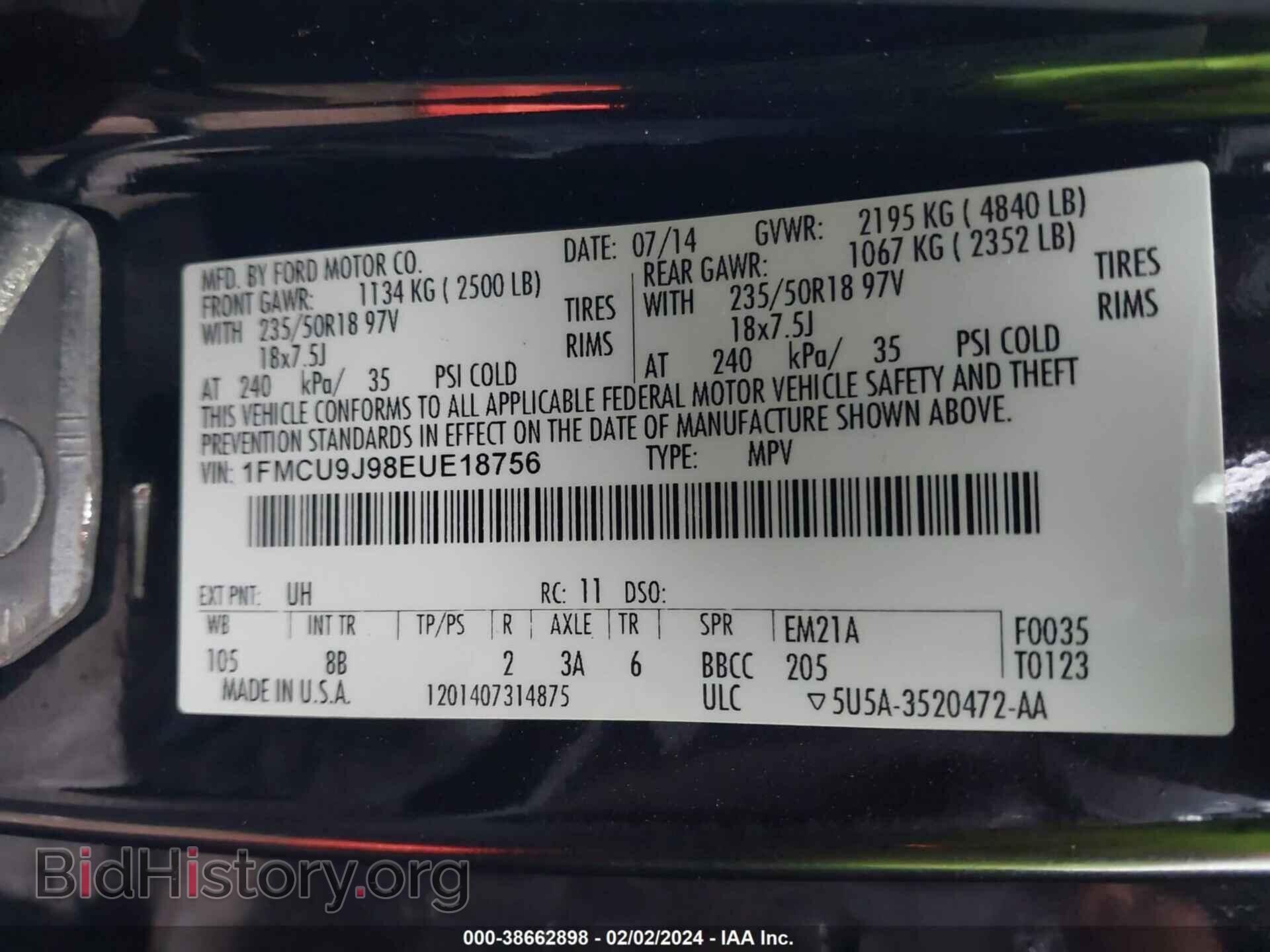 2014 FORD ESCAPE - VIN: 1FMCU9J98EUE18756 - Photo 9