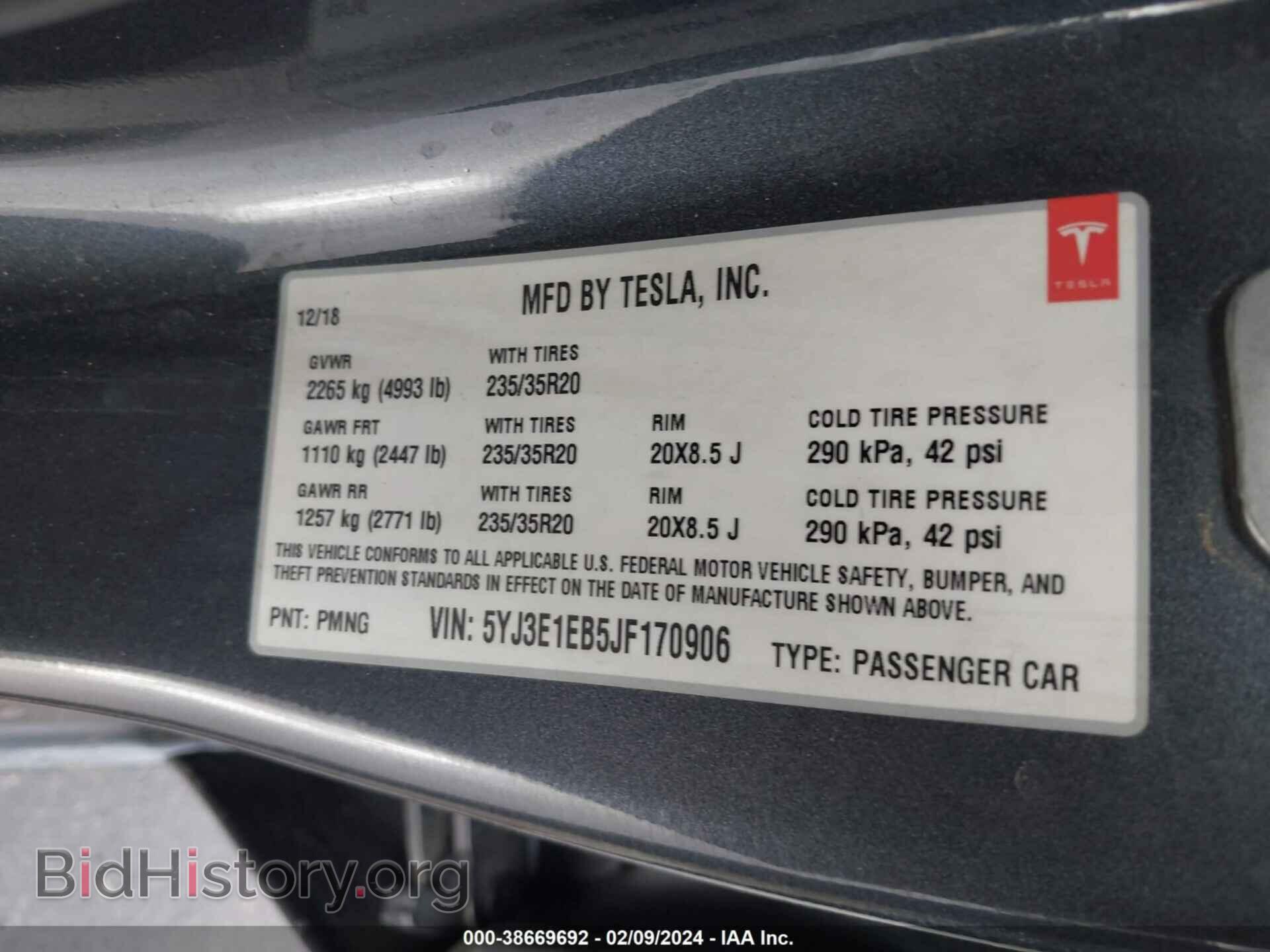 2018 TESLA MODEL 3 - VIN: 5YJ3E1EB5JF170906 - Фото 9